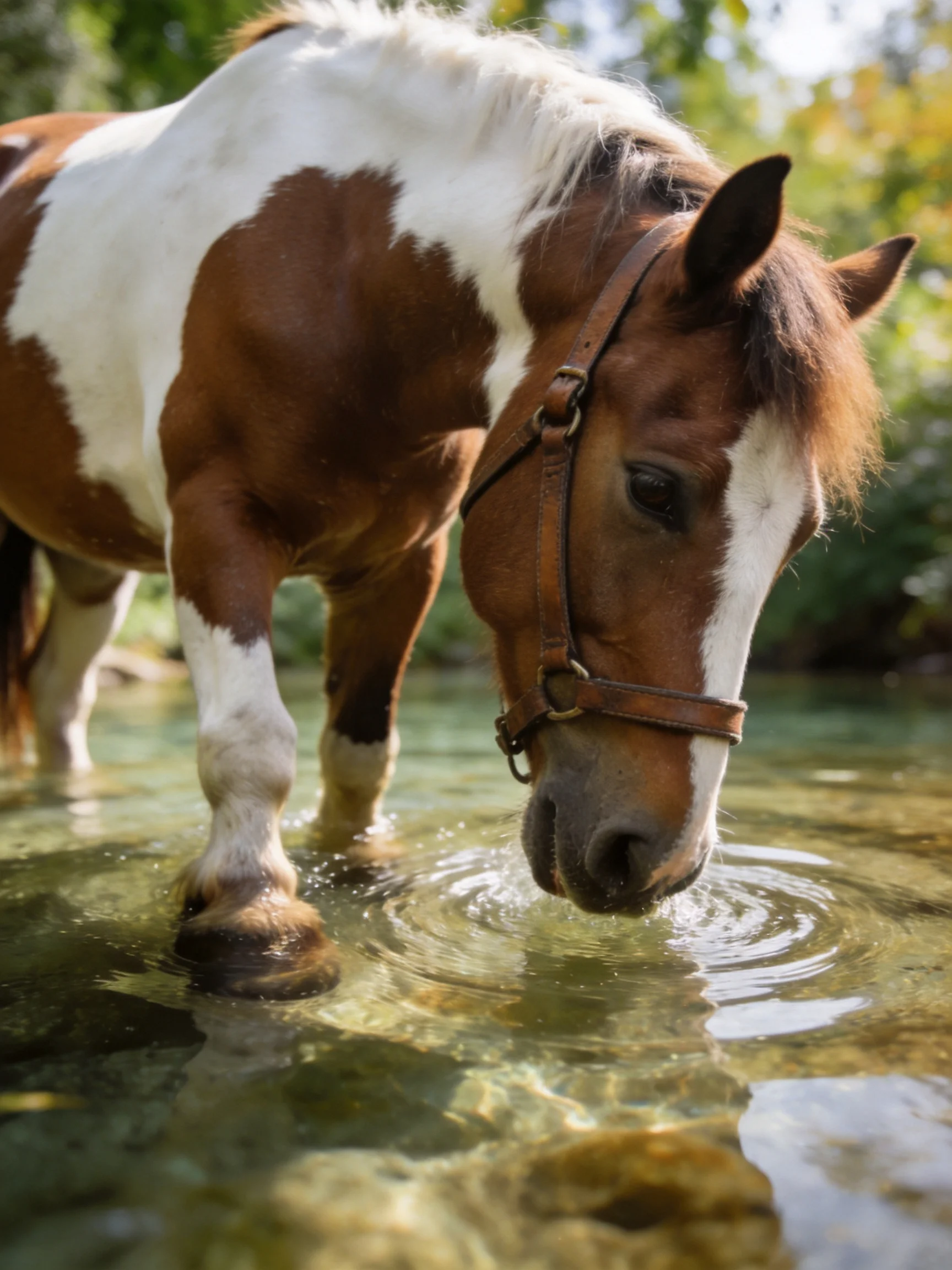 A brown and white horse drinks from shallow, clear stream water