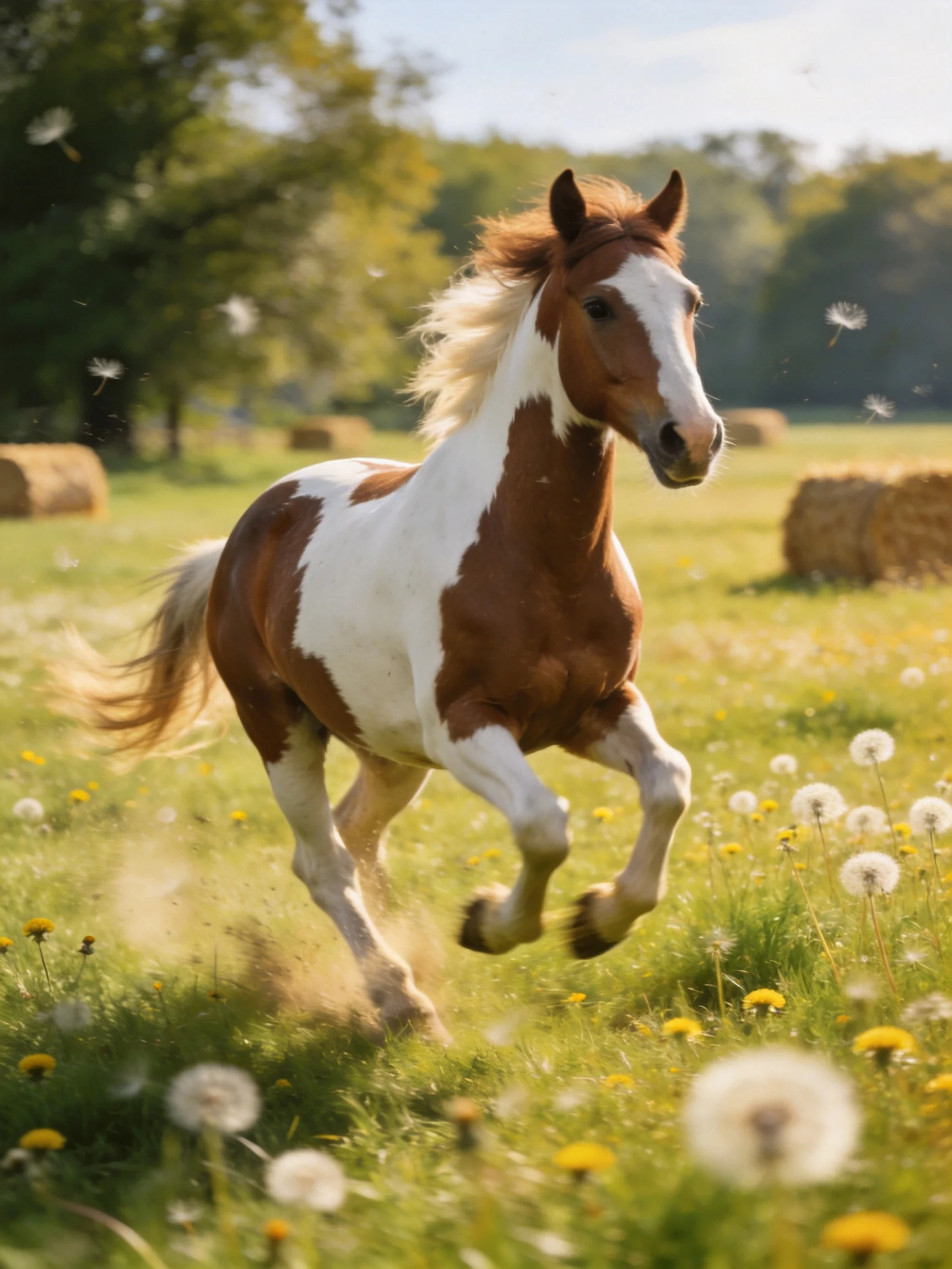 A brown and white horse galloping through a sunlit meadow with hay bales