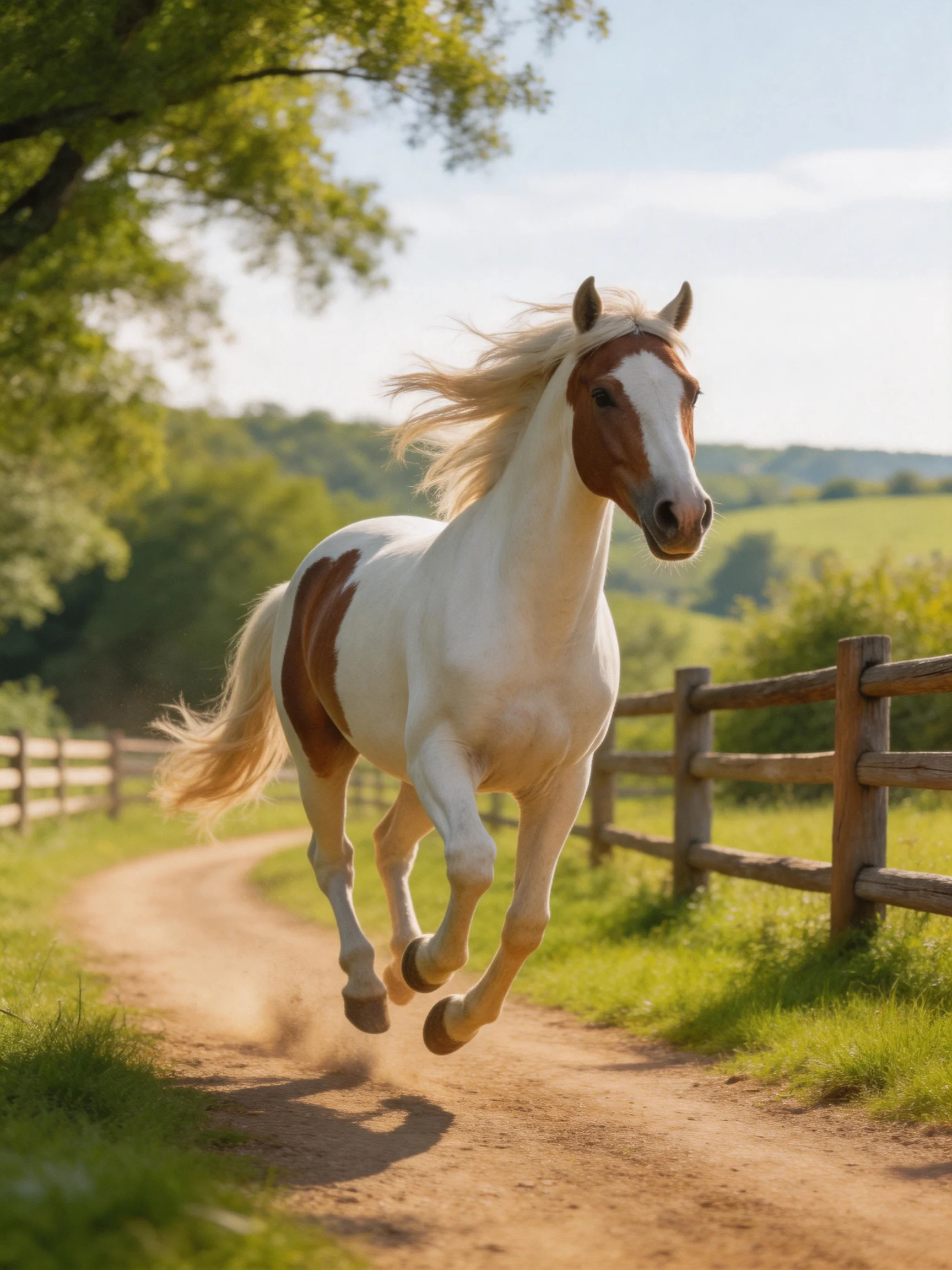 A brown-and-white horse gallops energetically on a dusty country path.