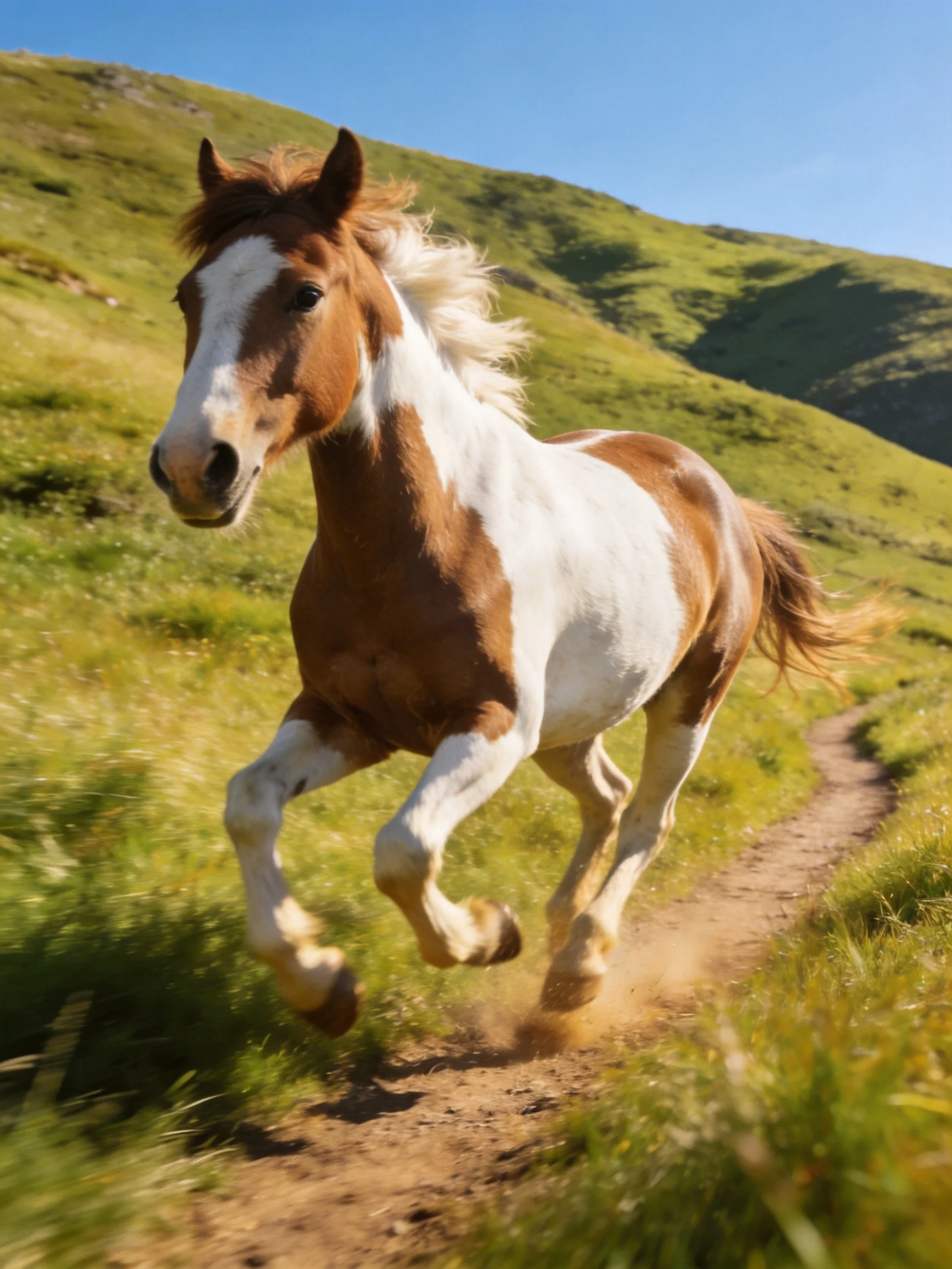A brown and white horse runs energetically on a dirt path amid green hills.