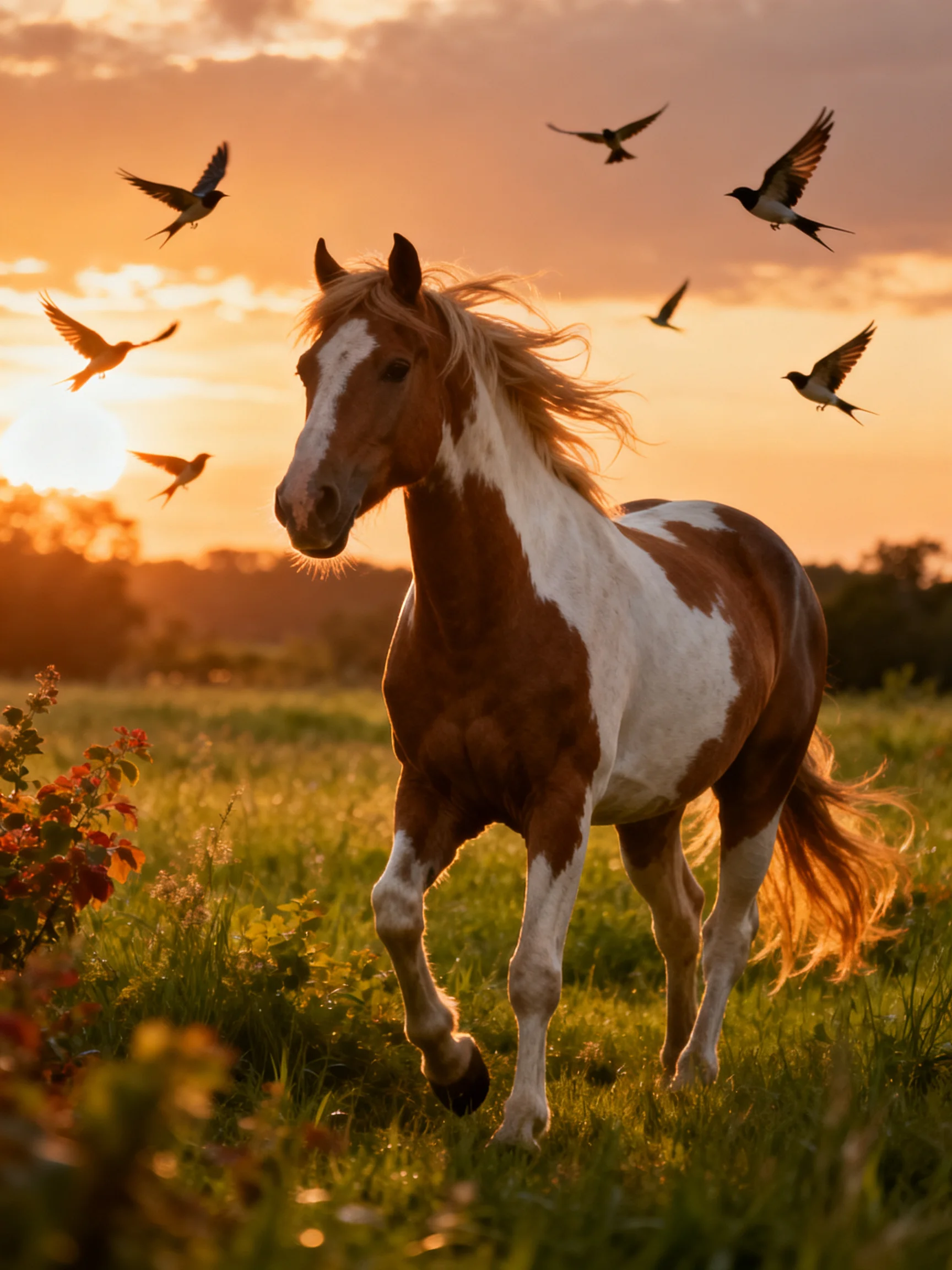 A brown-and-white horse gallops through a golden meadow with birds at sunset.