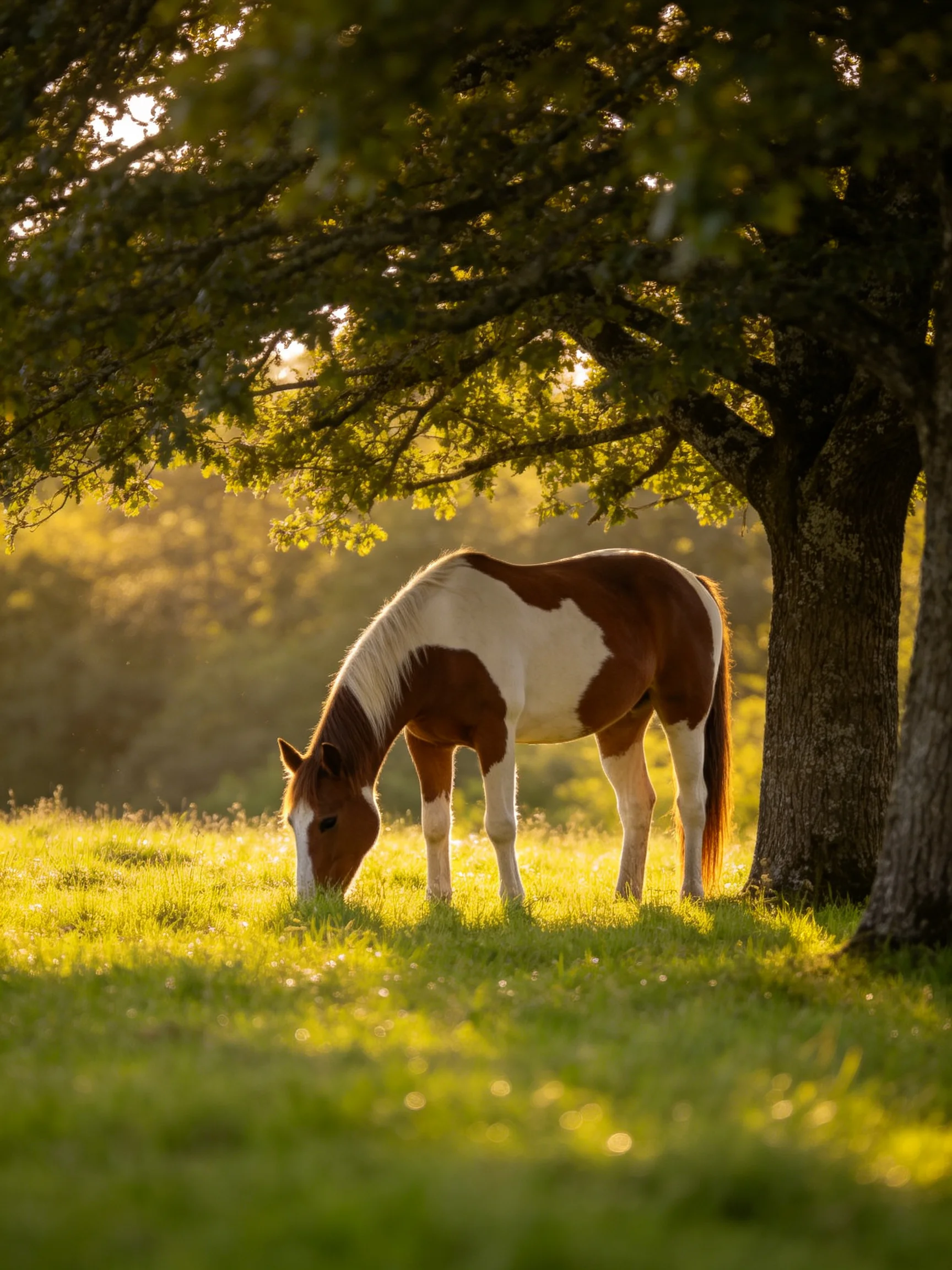 A brown and white horse grazes in a sunlit meadow near a large tree