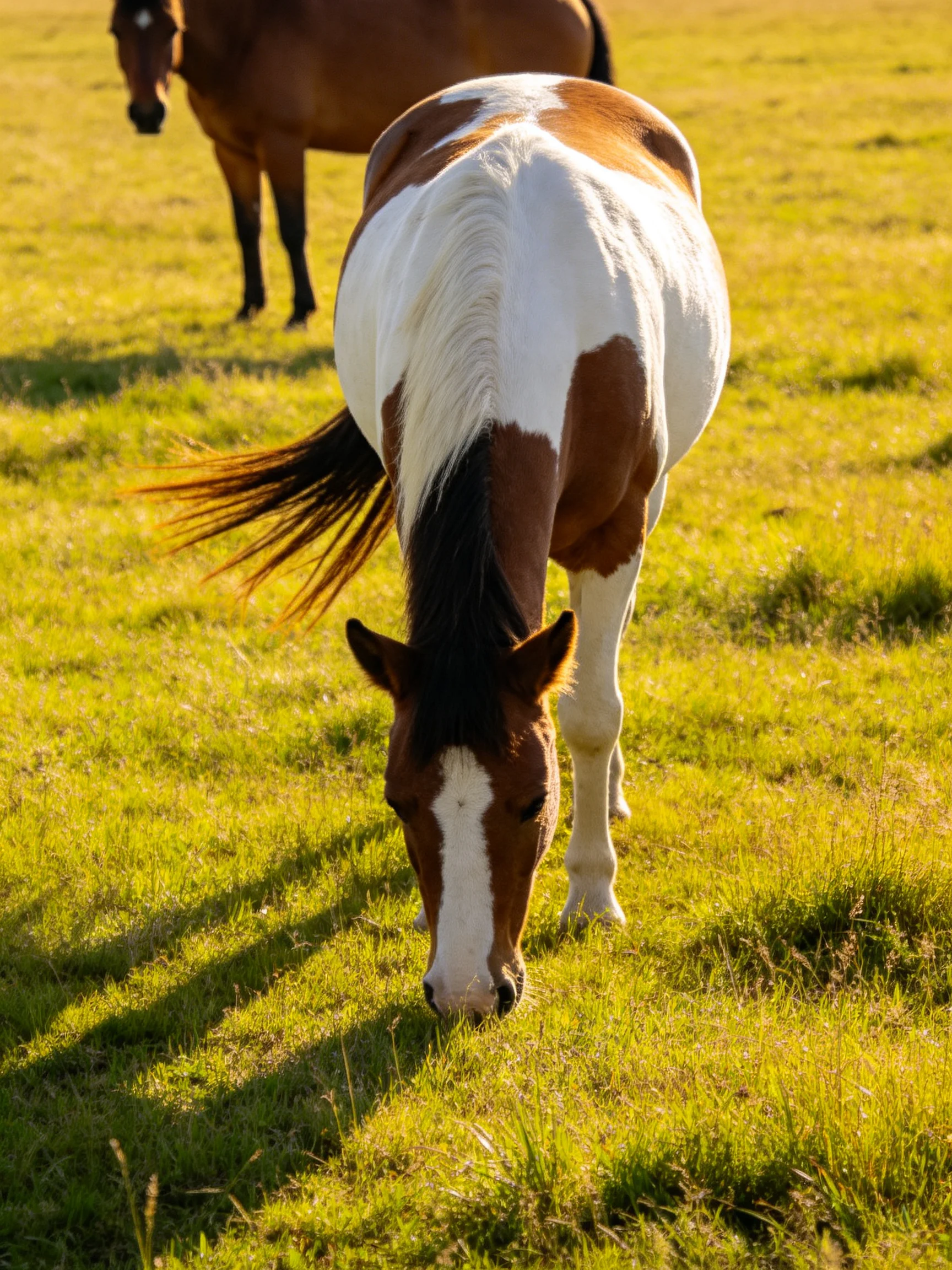 A brown and white horse grazes beside a solid brown horse in a sunlit meadow