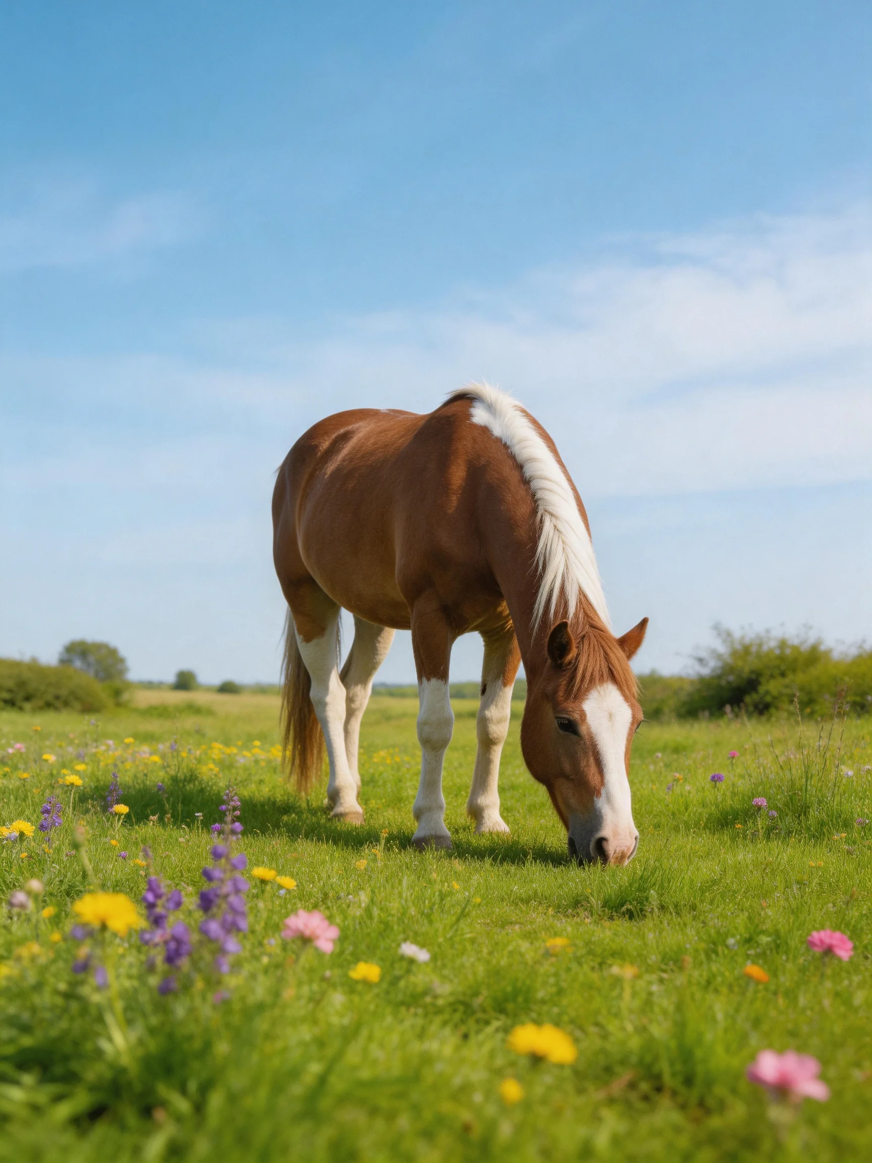 A brown and white horse grazes in a vibrant flower-filled meadow.