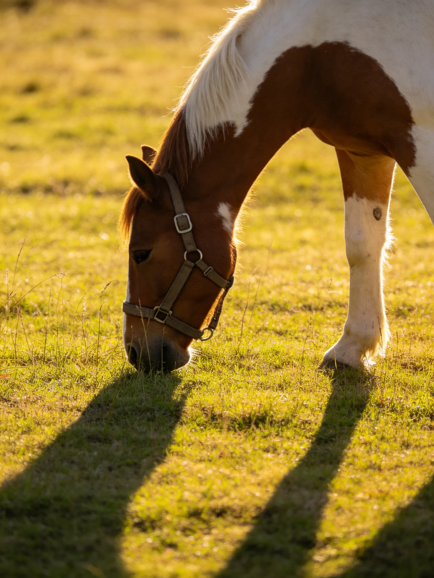 A brown and white horse peacefully grazes ina sunlit grassy area.