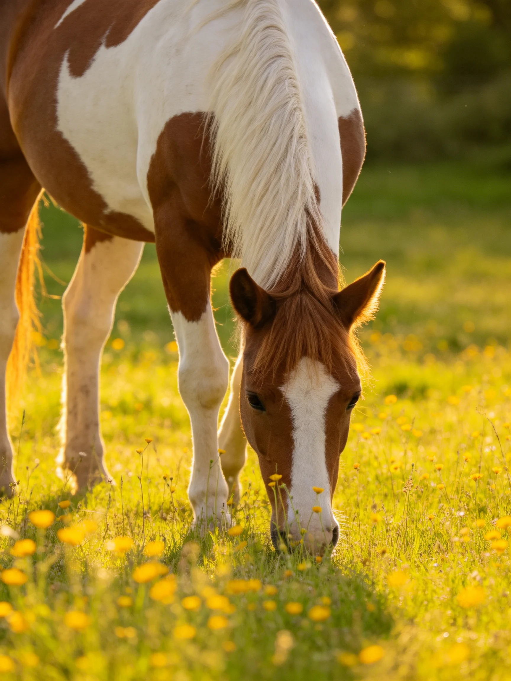 A brown and white horse grazes in a sunlit meadow of yellow wildflowers
