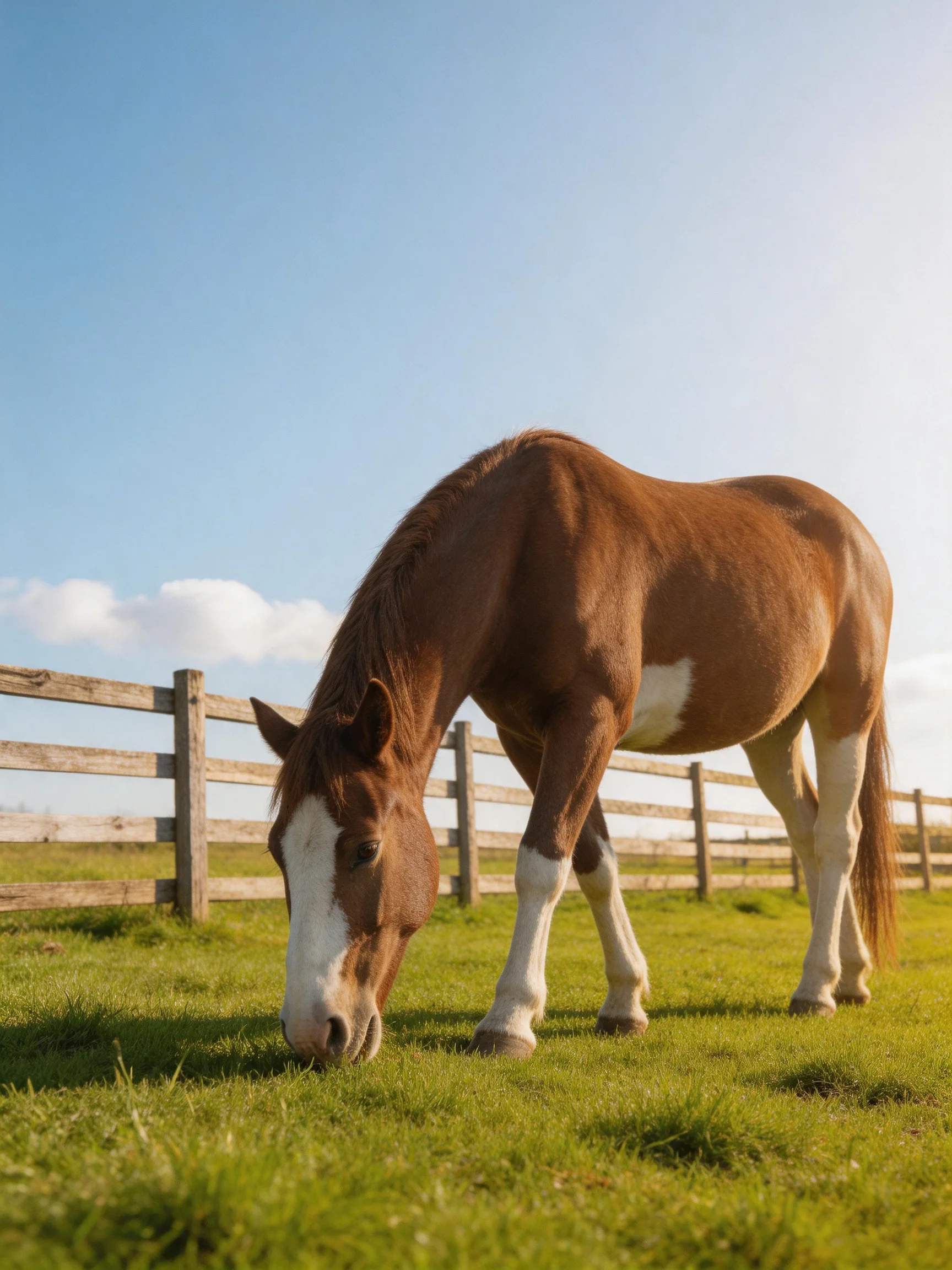 A brown and white horse grazes in a sunlit pasture bordered wooden fences.