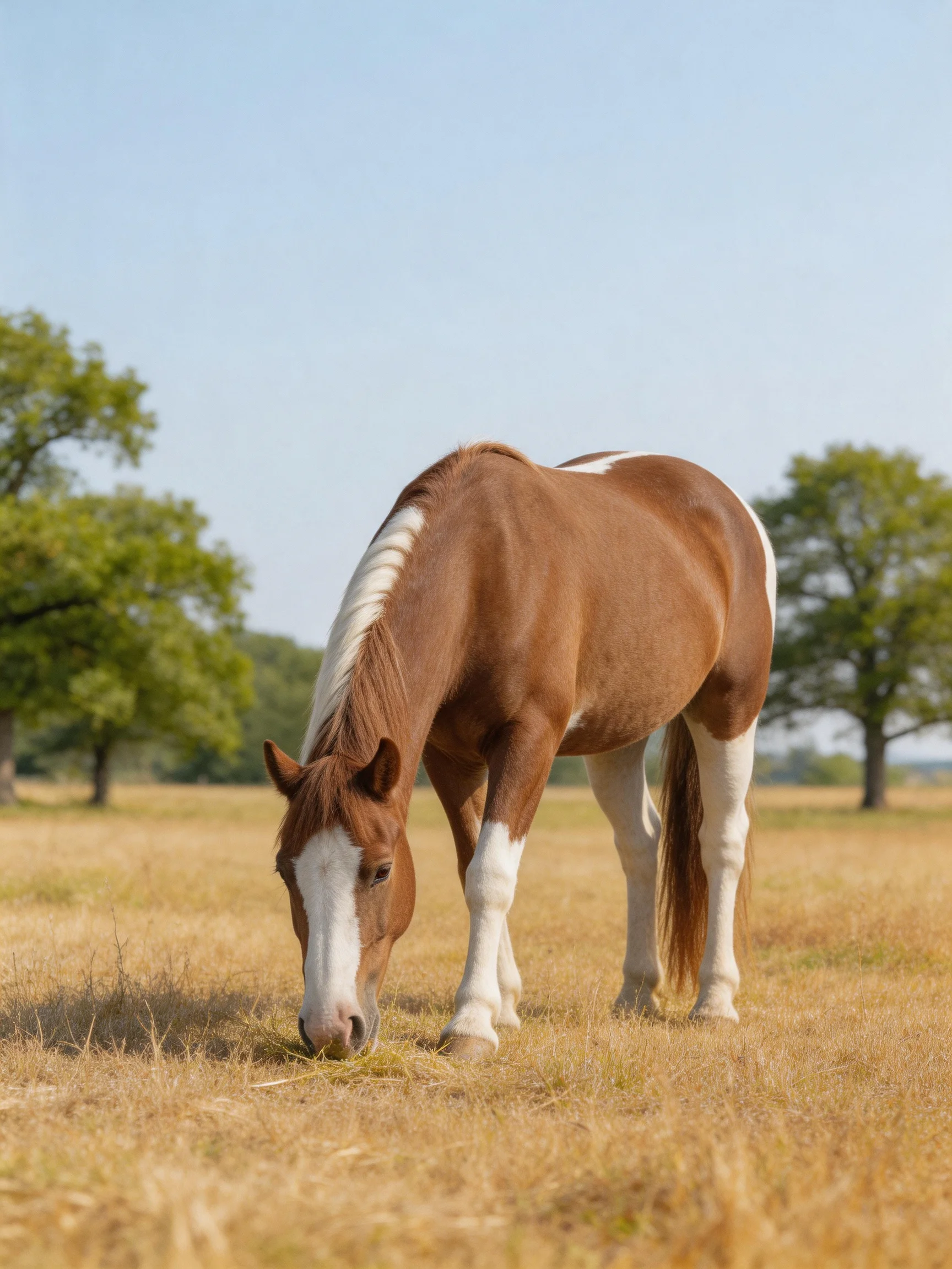 A brown and white horse grazes in an open golden field with green trees