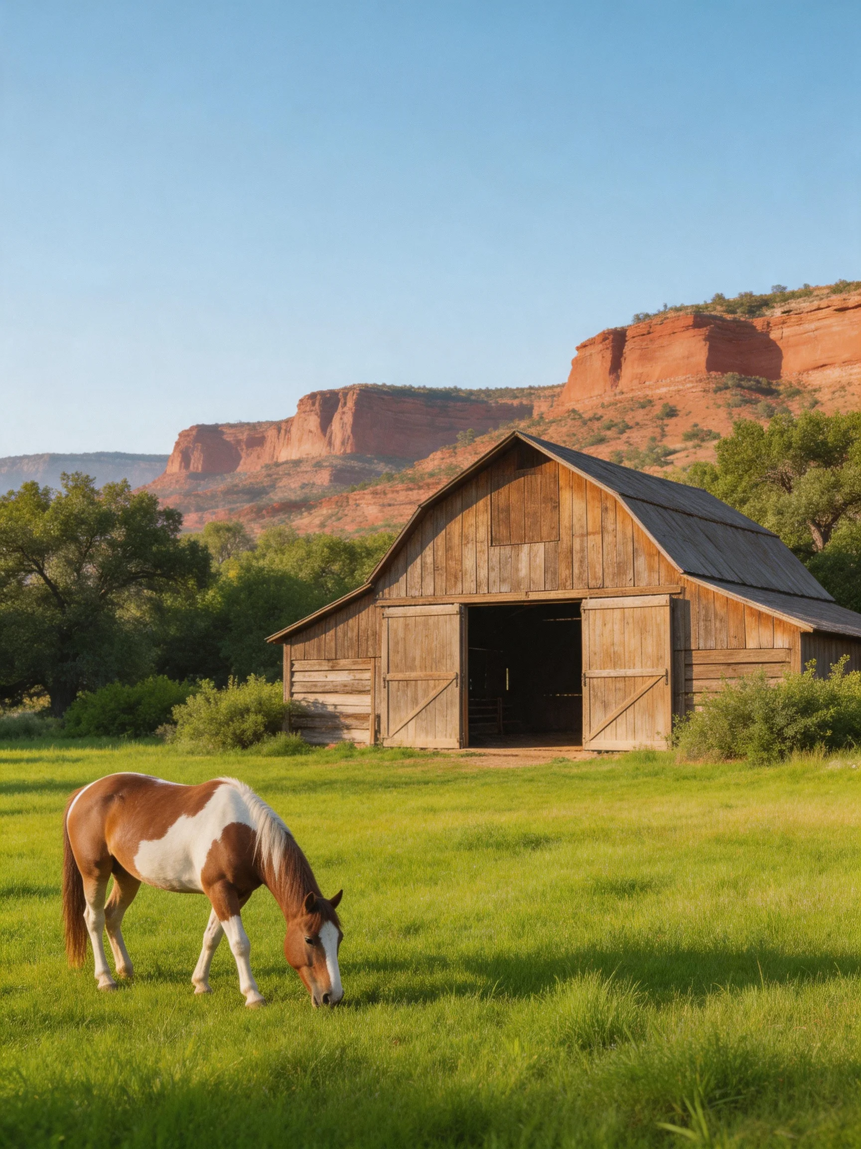 A brown and white horse grazes near an old wooden barn with red cliffs