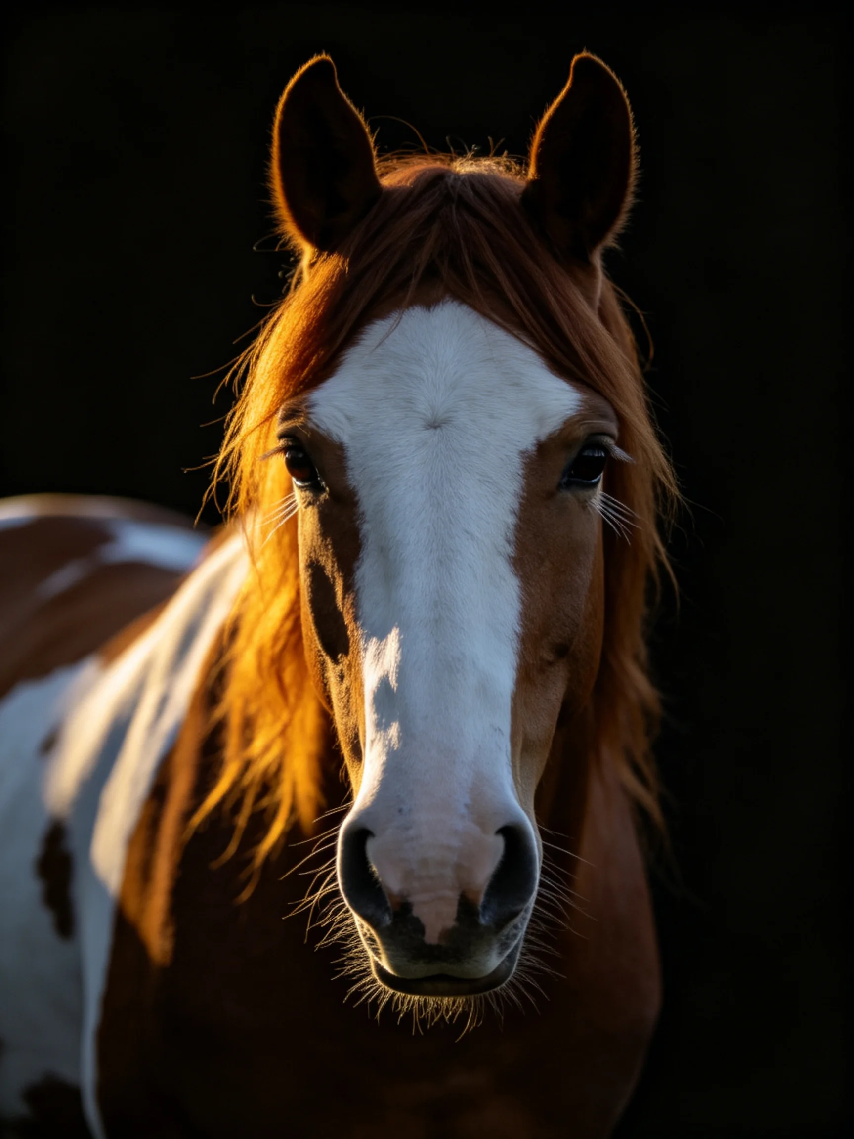 A brown and white horse illuminated by dramatic golden backlighting