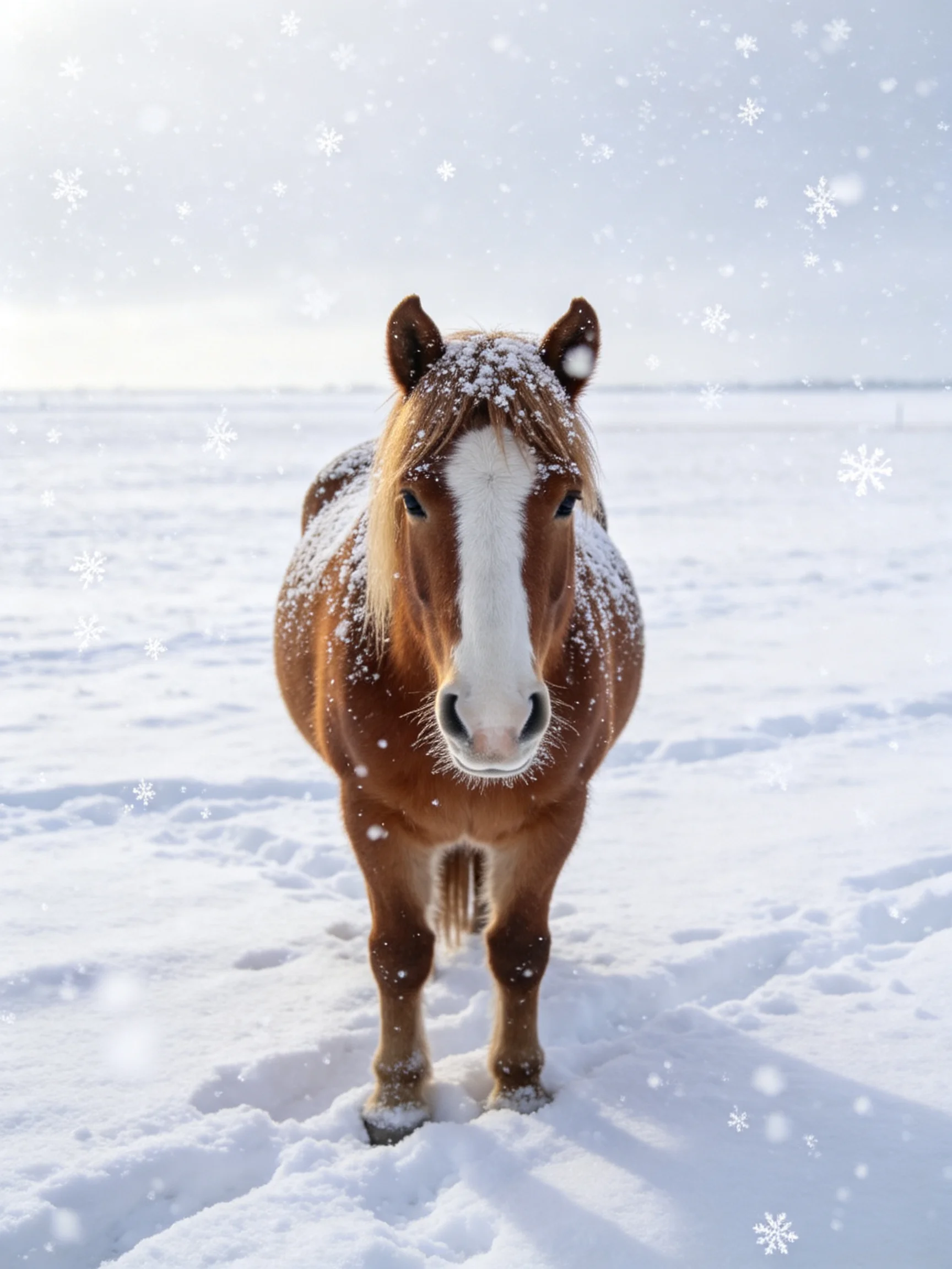 A brown and white horse in a snow-filled winter landscape