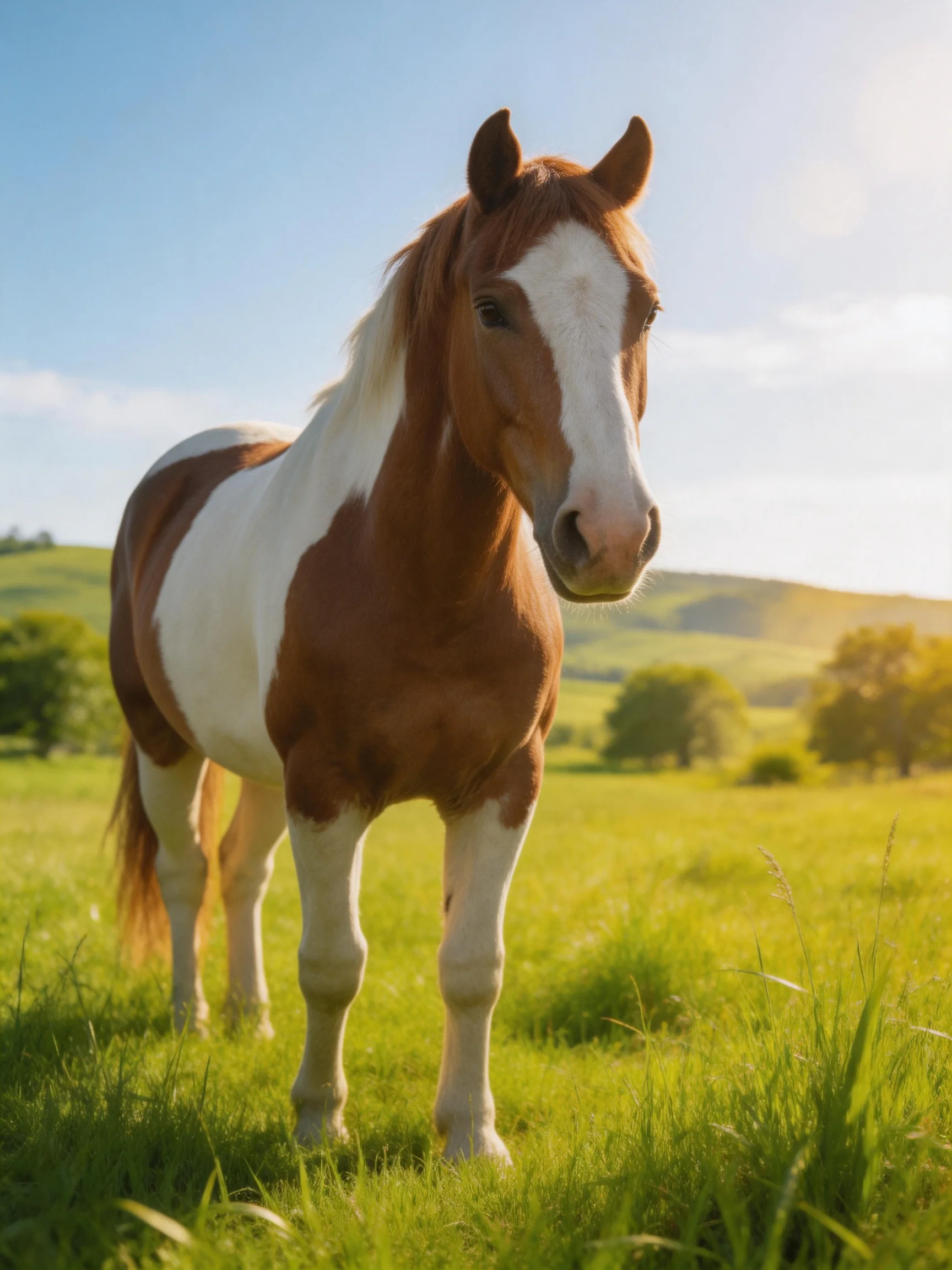 A brown and white horse stands in a sunlit green pasture