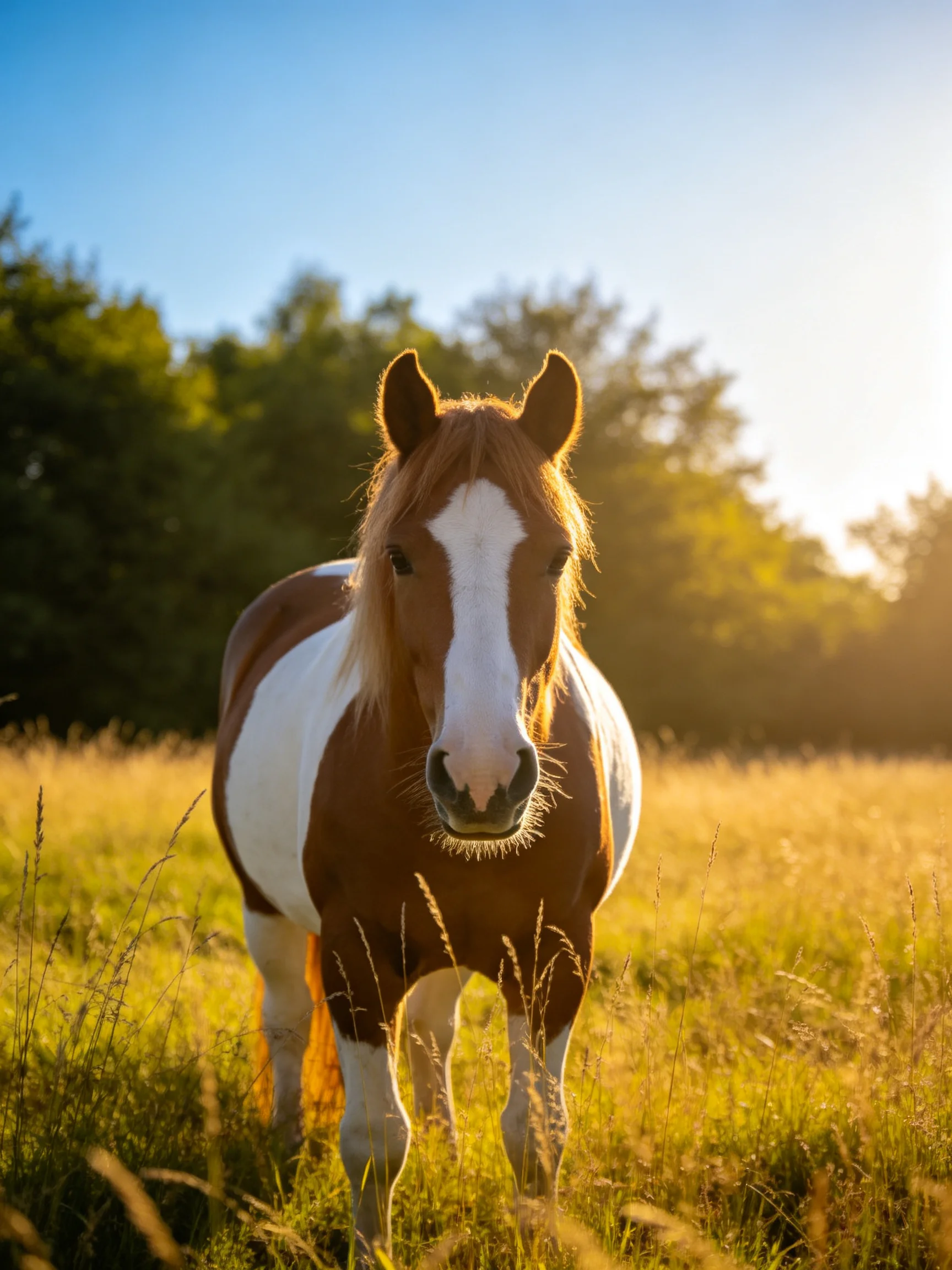 A brown and white horse stands in a sunlit meadow with tall grass.