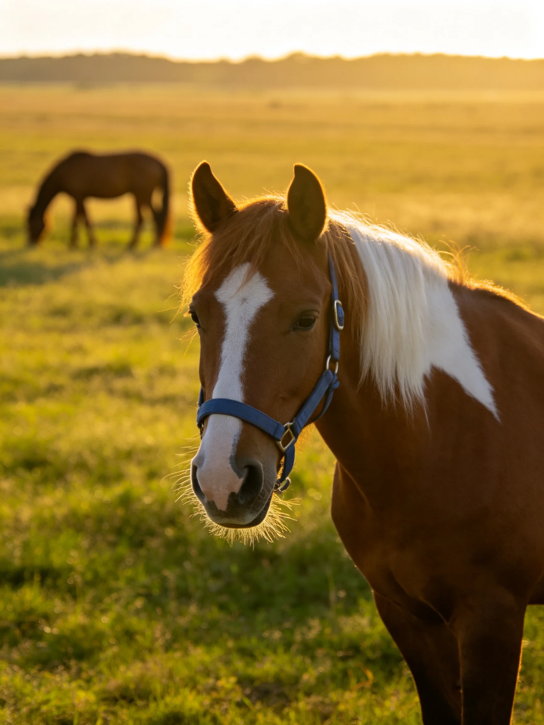 A brown and white horse near a dark brown horse in a golden meadow
