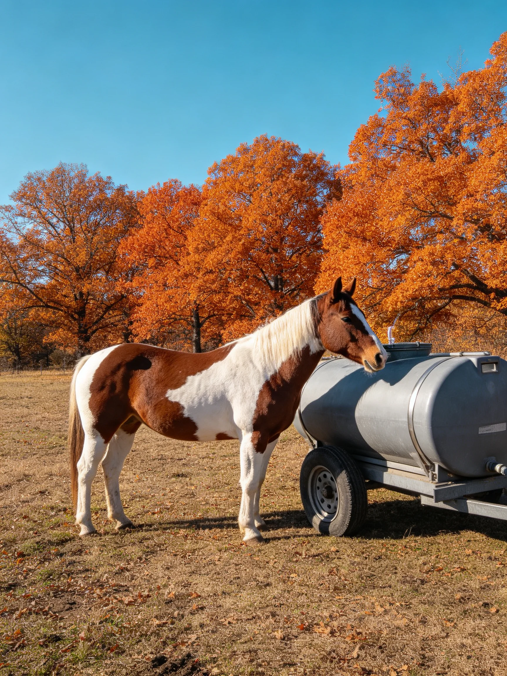 A brown-and-white horse near a silver water tank with vibrant fall trees