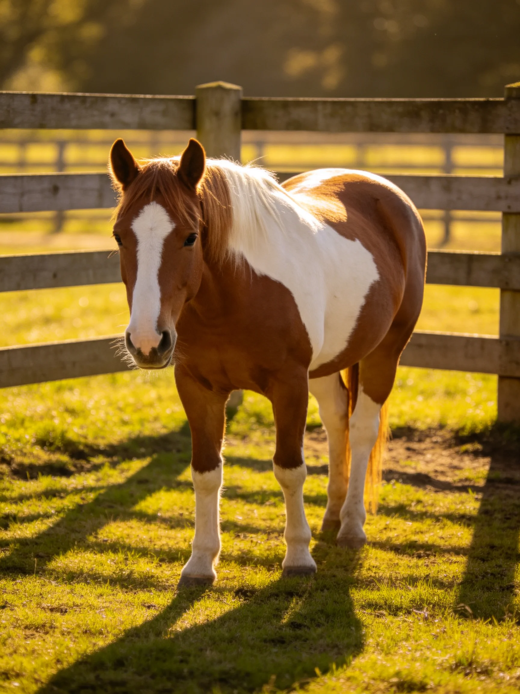 A brown and white horse near a wooden fence in golden sunlight