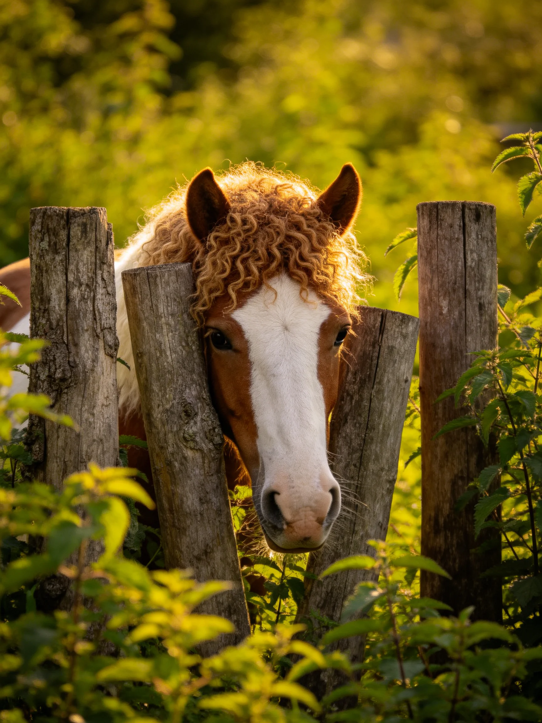 A brown and white horse peeks from a weathered wooden fence amid lush greenery