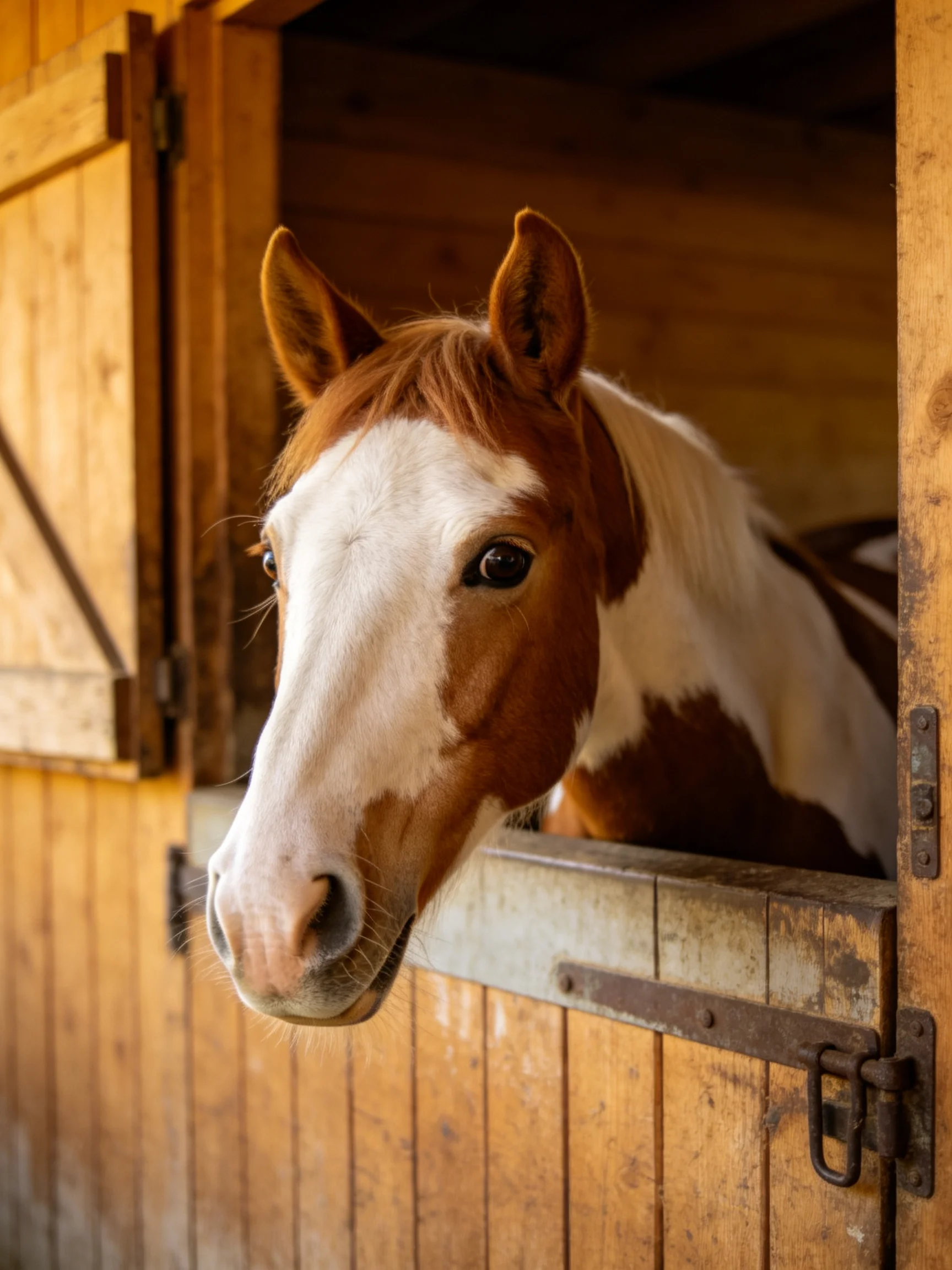 A brown and white horse peeks from a weathered wooden stable