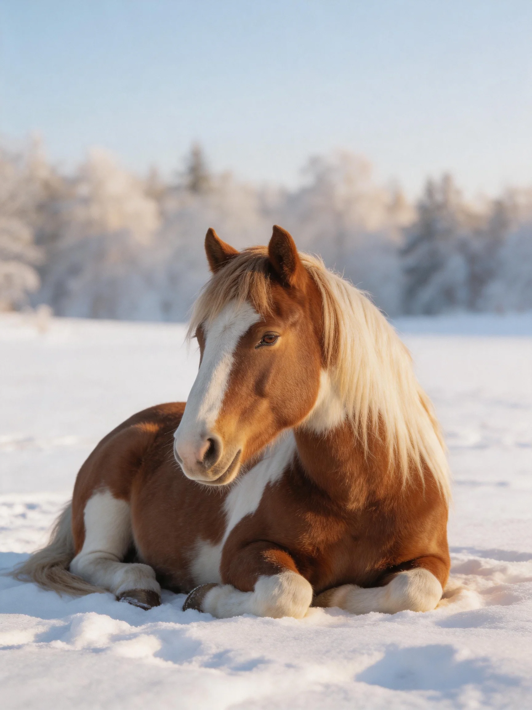 A brown and white horse relaxes in a snowy field