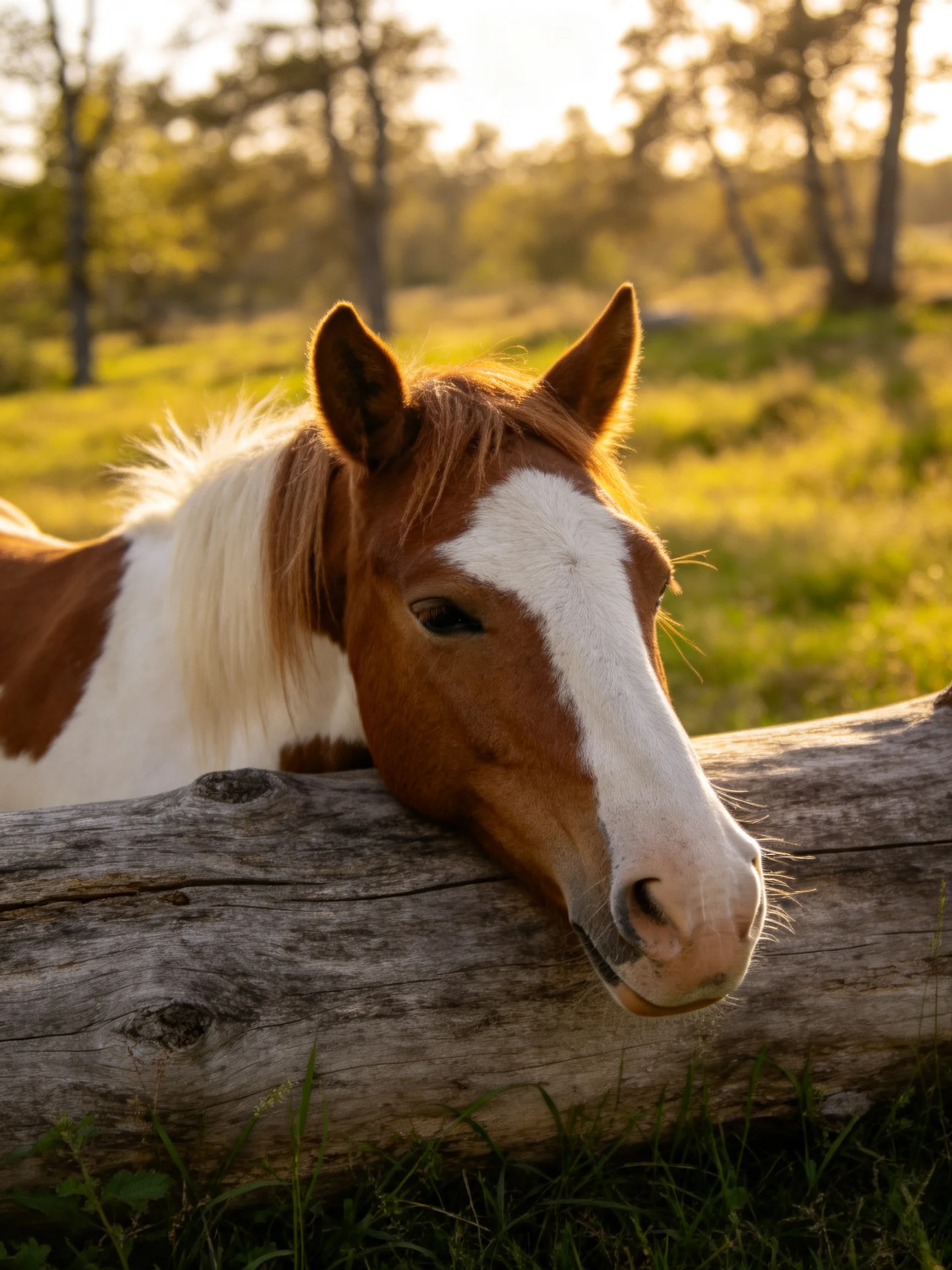 A brown and white horse leans on a log in a sunlit outdoor setting.