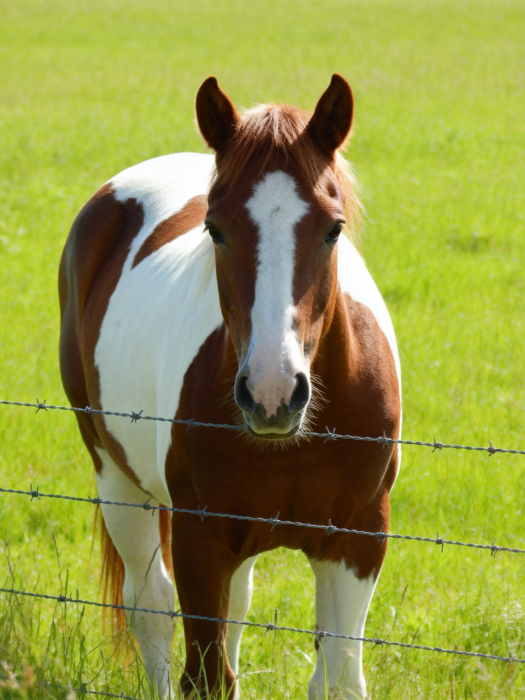 A brown and white horse stands near barbed wire in a green pasture.