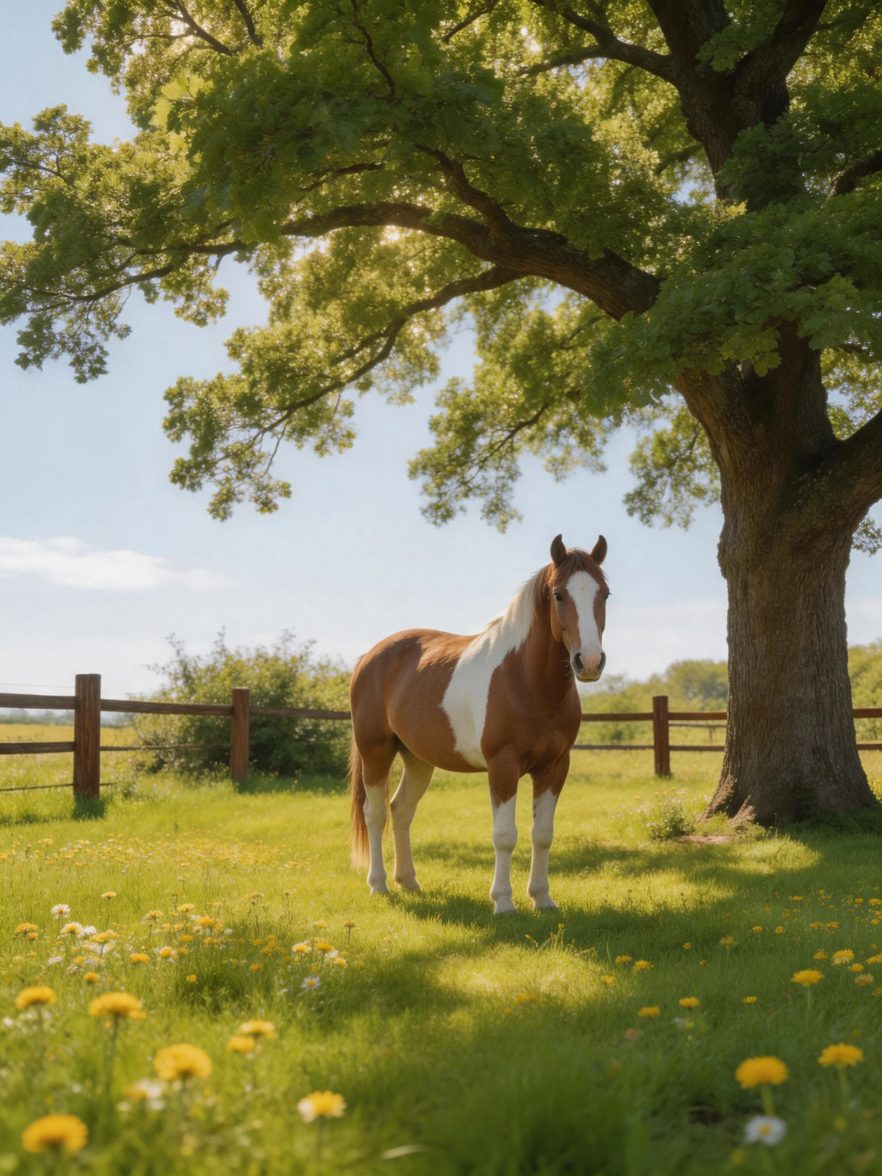 A brown and white horse stands in a sunlit meadow near a large tree.