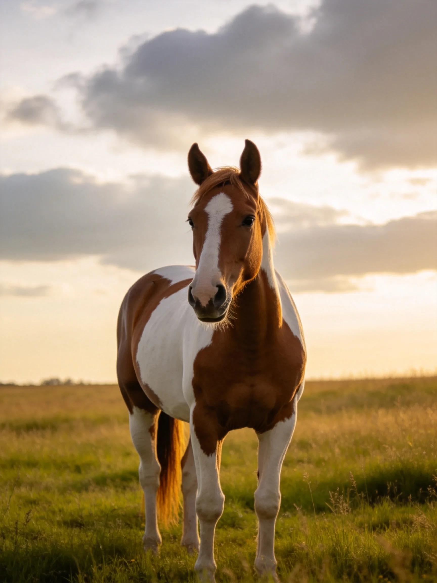 A brown and white horse stands in a golden field during sunset.