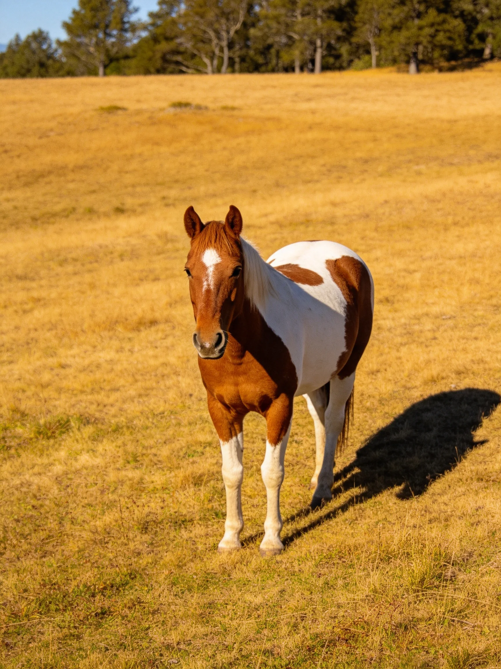 A brown and white horse stands in a sunlit golden meadow.