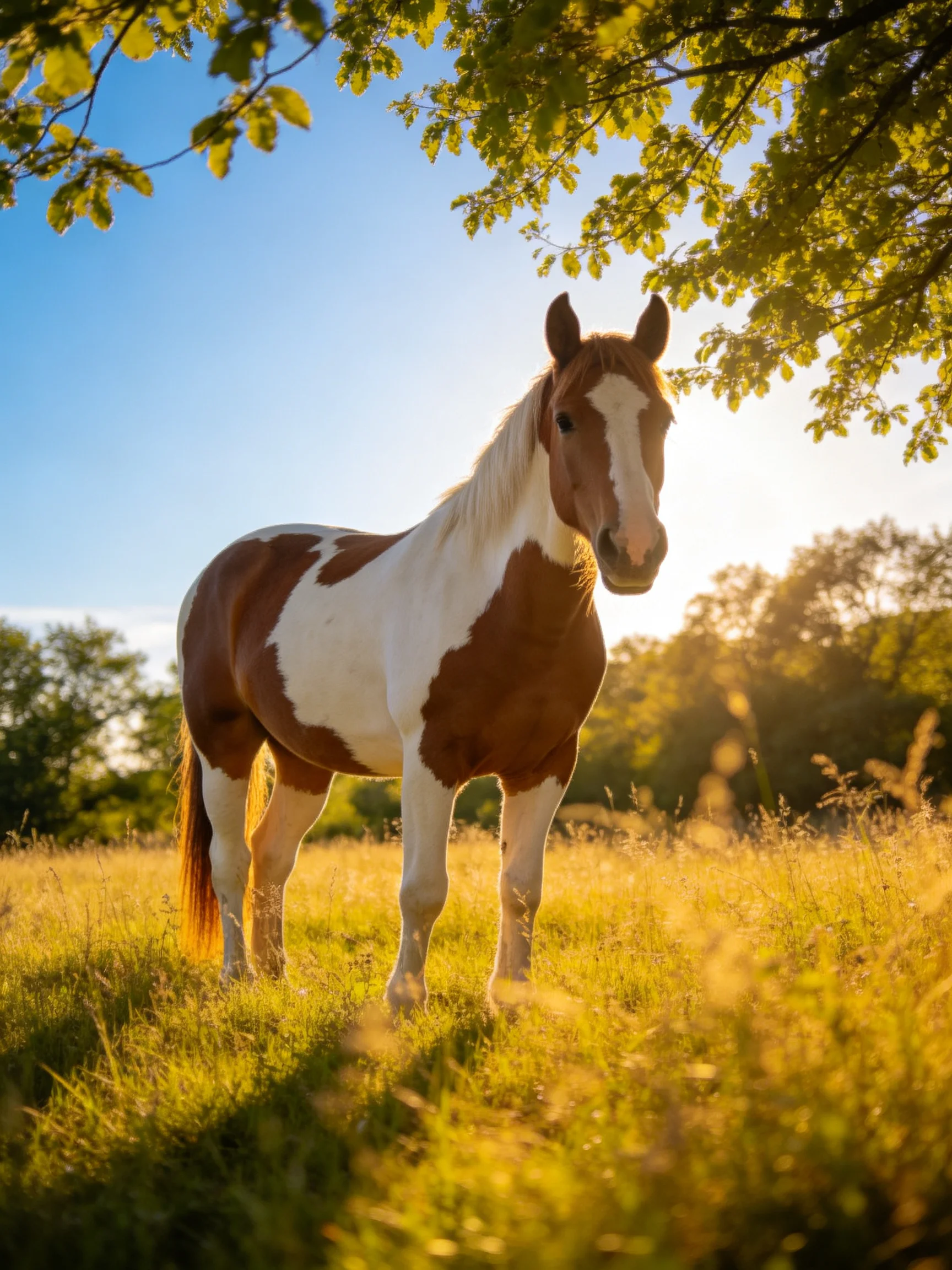 A brown and white horse stands in a sunlit meadow near trees.