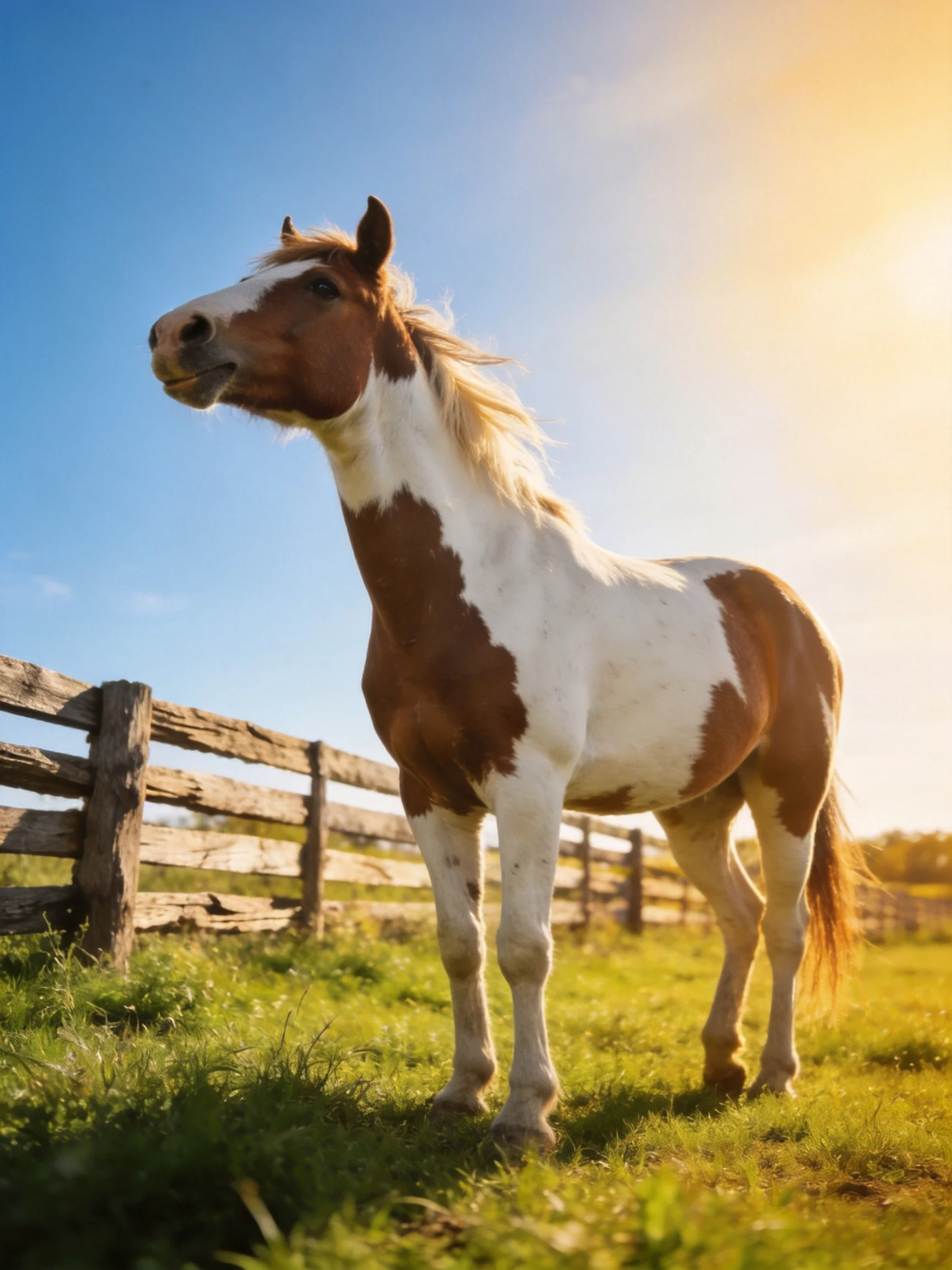 A brown and white horse stands in a sunlit field beside a wooden fence.