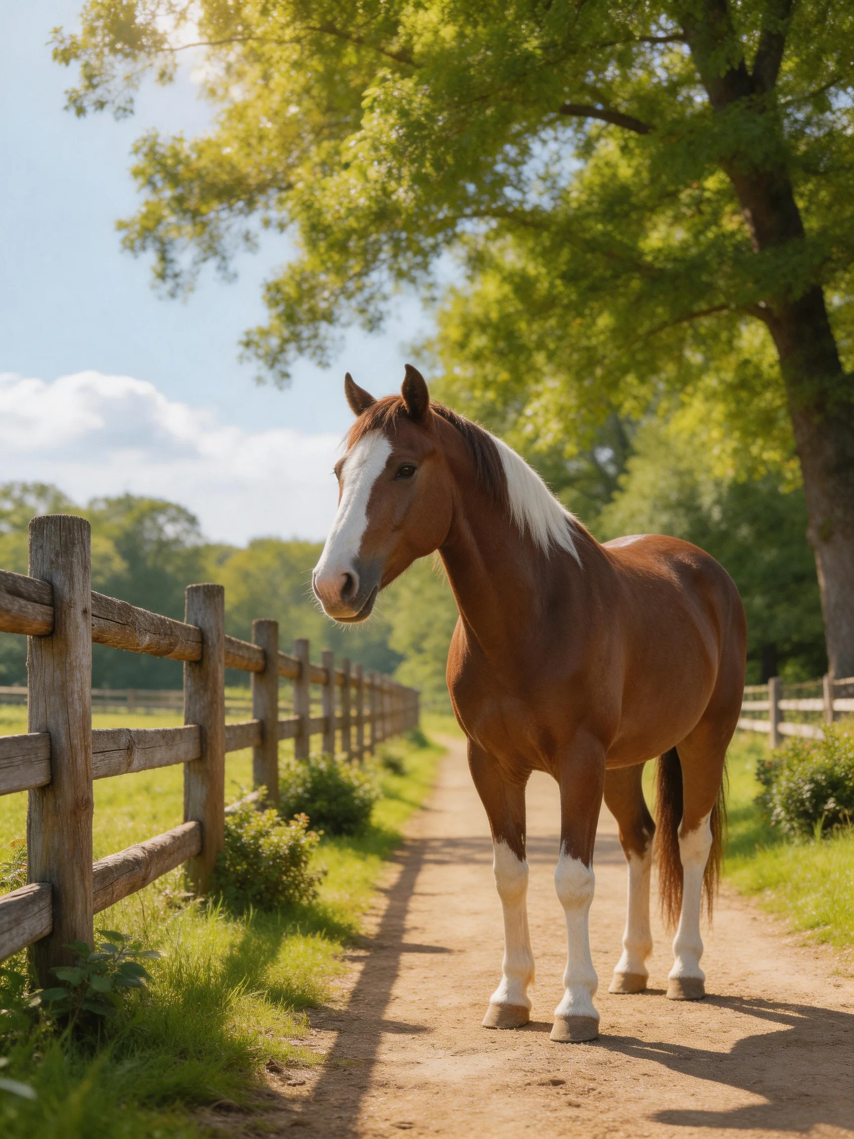 A brown and white horse stands beside a wooden fence on a sunny path.
