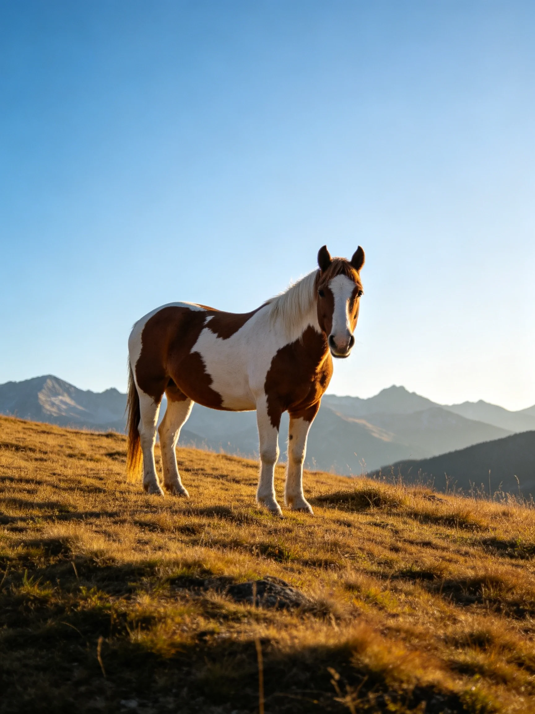 A brown and white horse stands on a golden hillside with misty mountains in the distance.