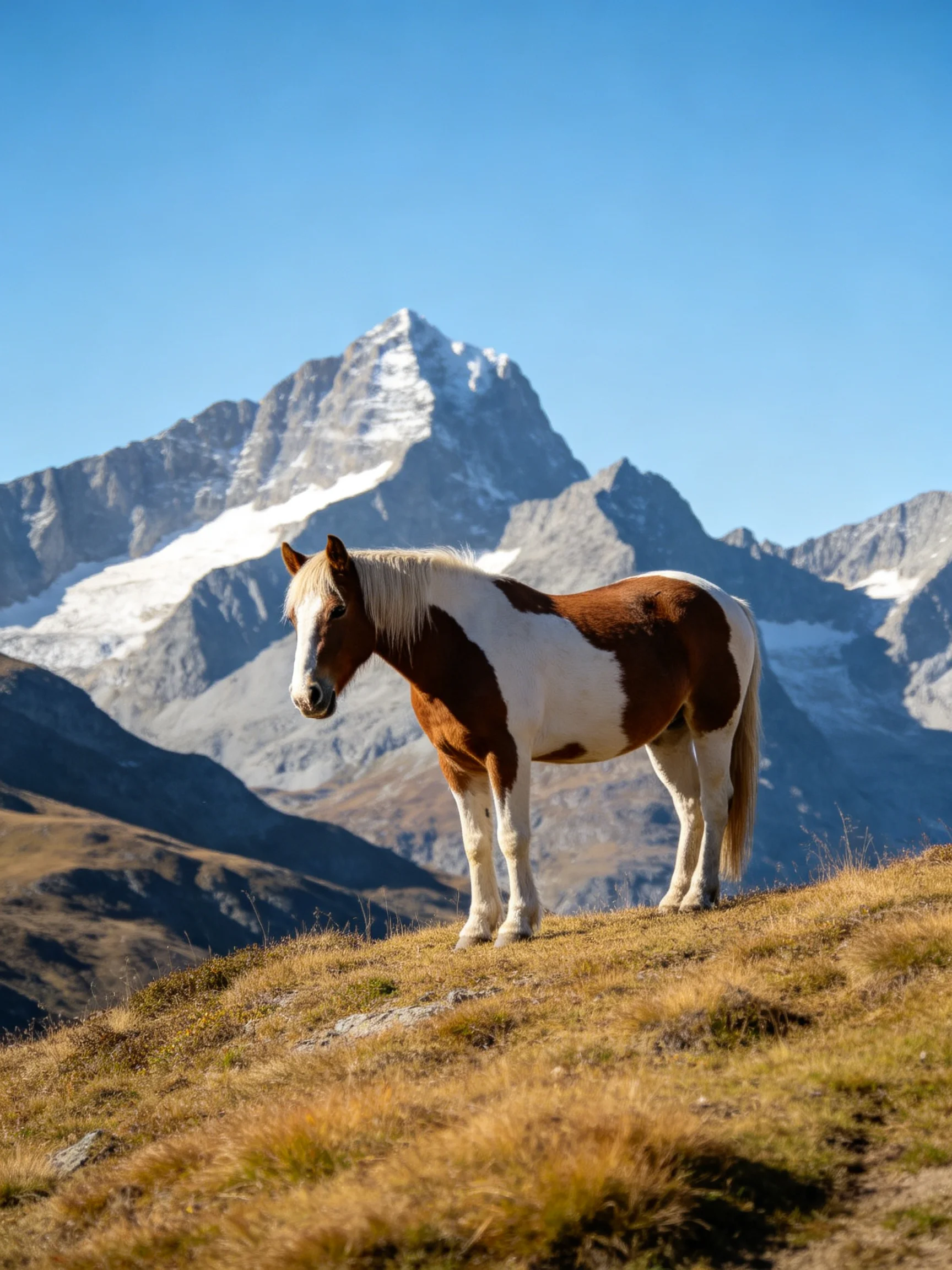 A brown and white horse stands on a grassy hillside with snow-capped mountains in the background.