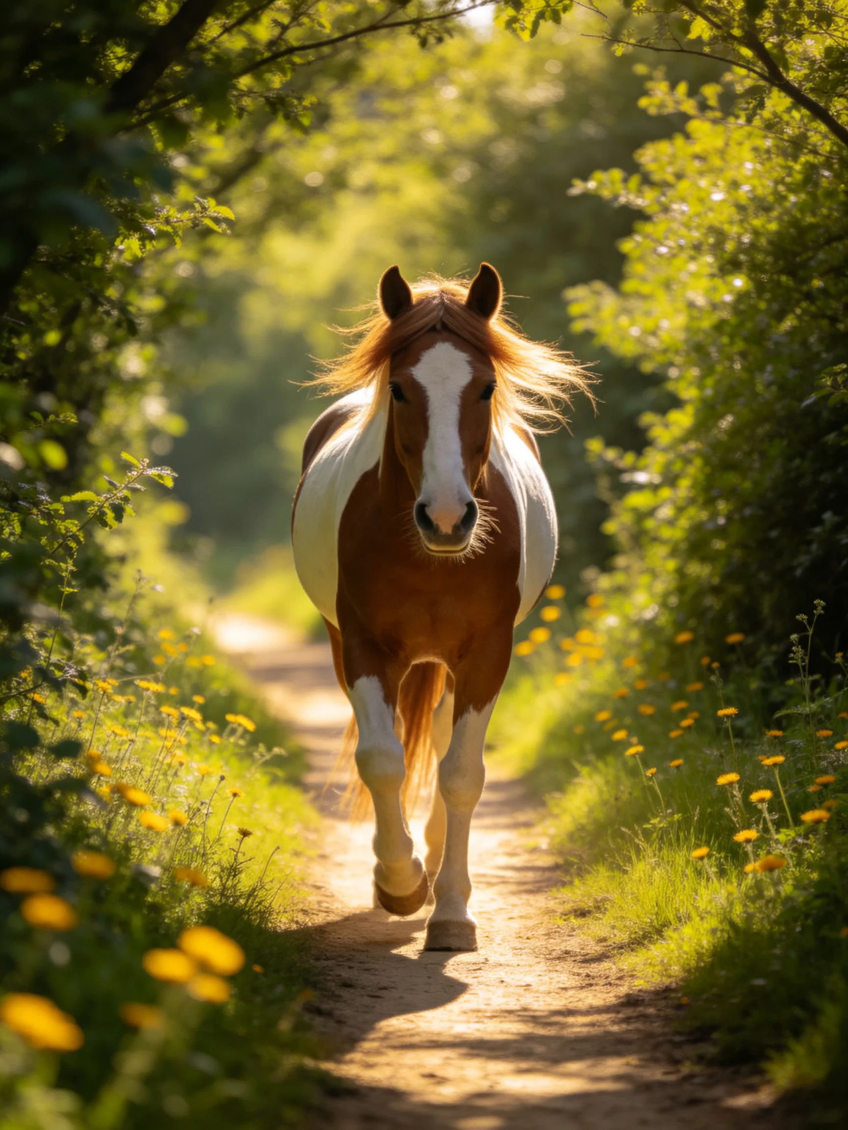 A brown-and-white horse trotting down a sunlit forest path lined with yellow flowers