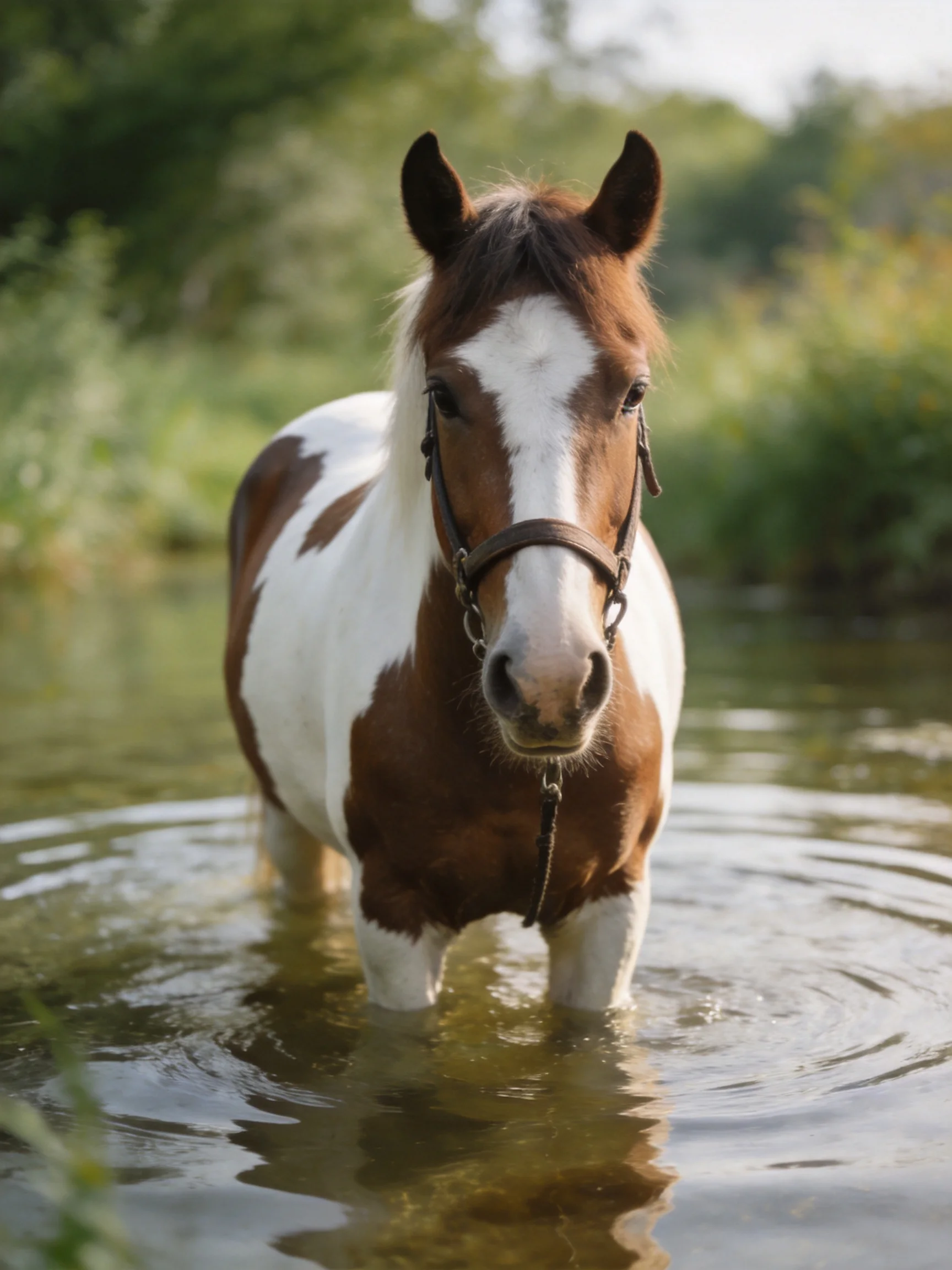 A brown and white horse wading in calm water near lush vegetation