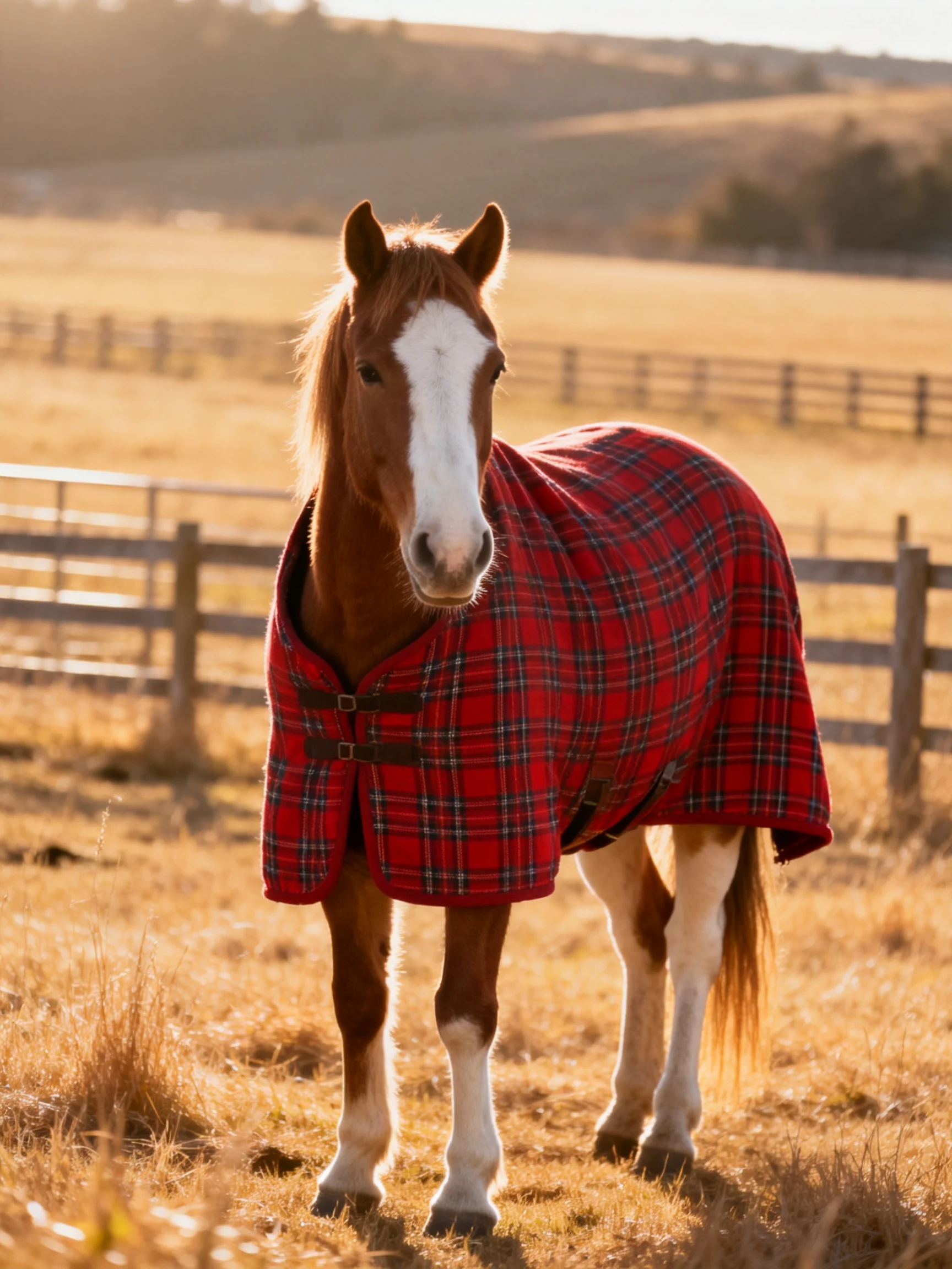 A brown and white horse wears a red plaid blanket in a sunlit field
