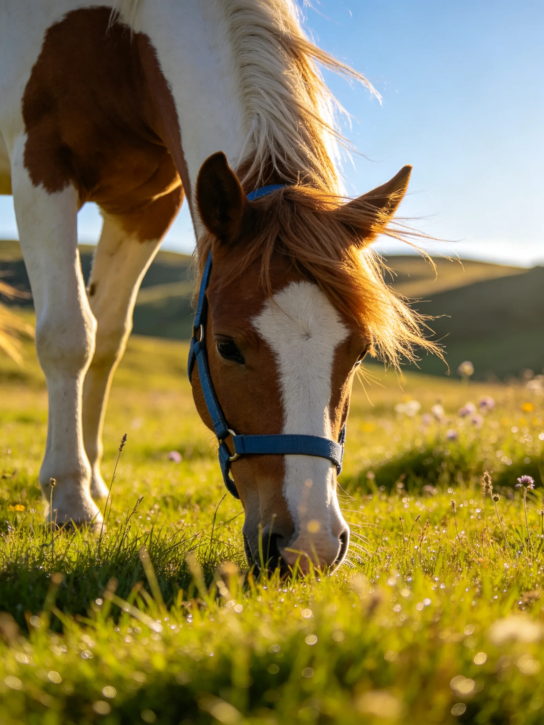 A brown and white horse with a blue halter grazes in a sunlit meadow
