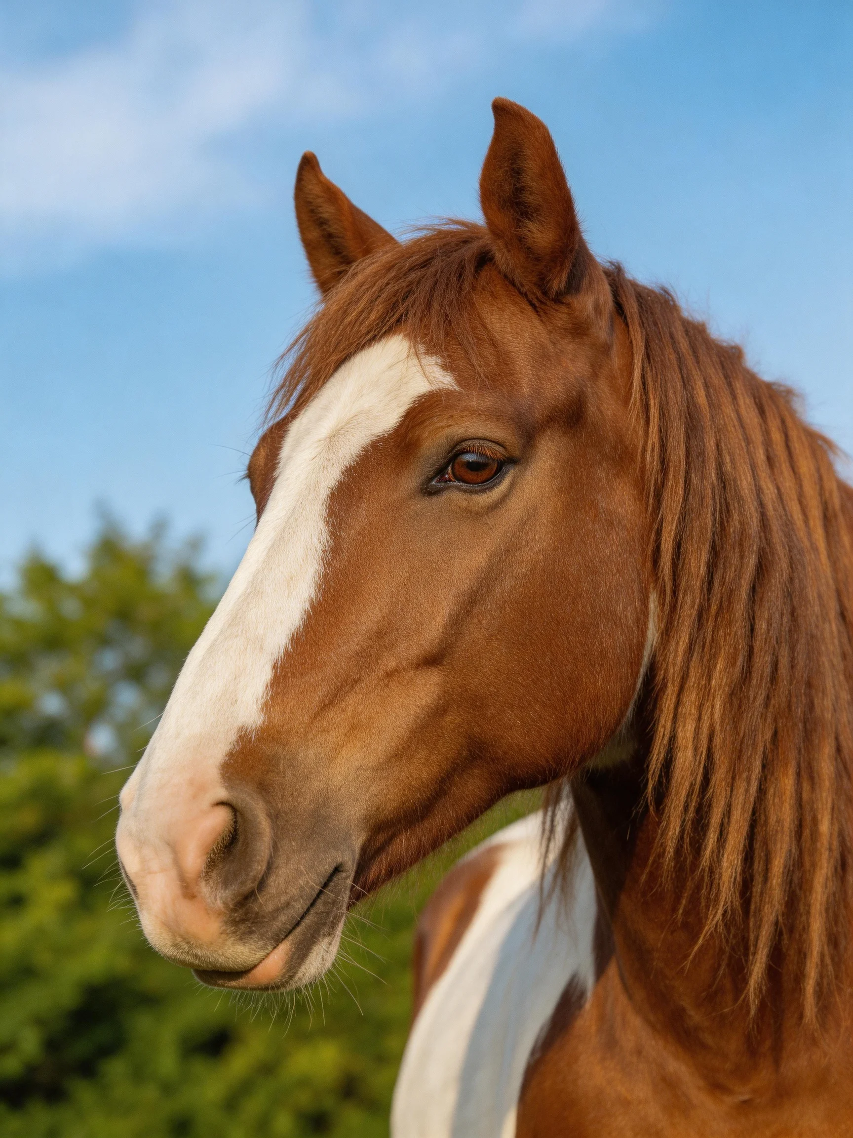A close - up of a brown and white horse in an outdoor setting