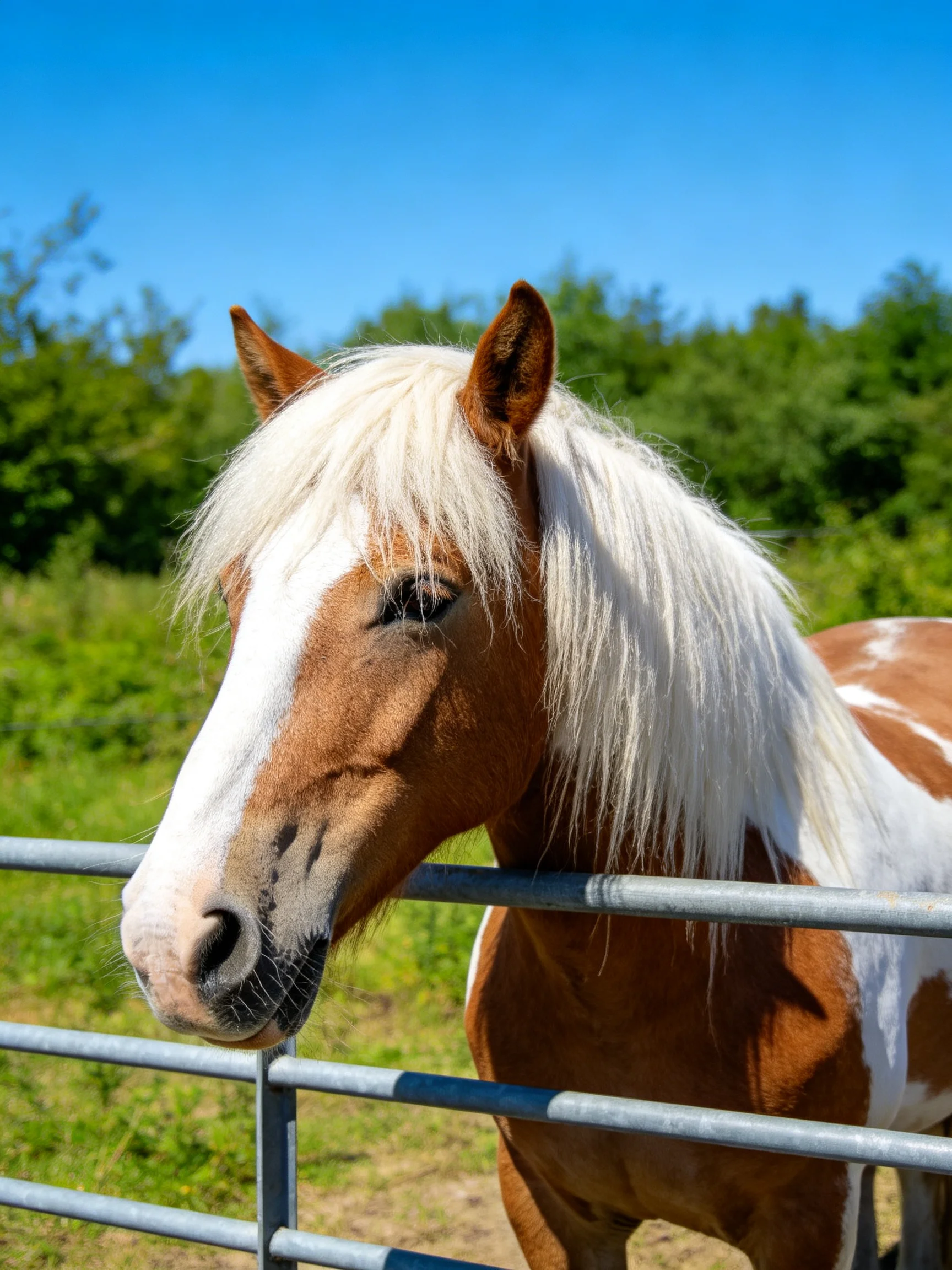 A brown and white horse with long blonde mane near a metal fence