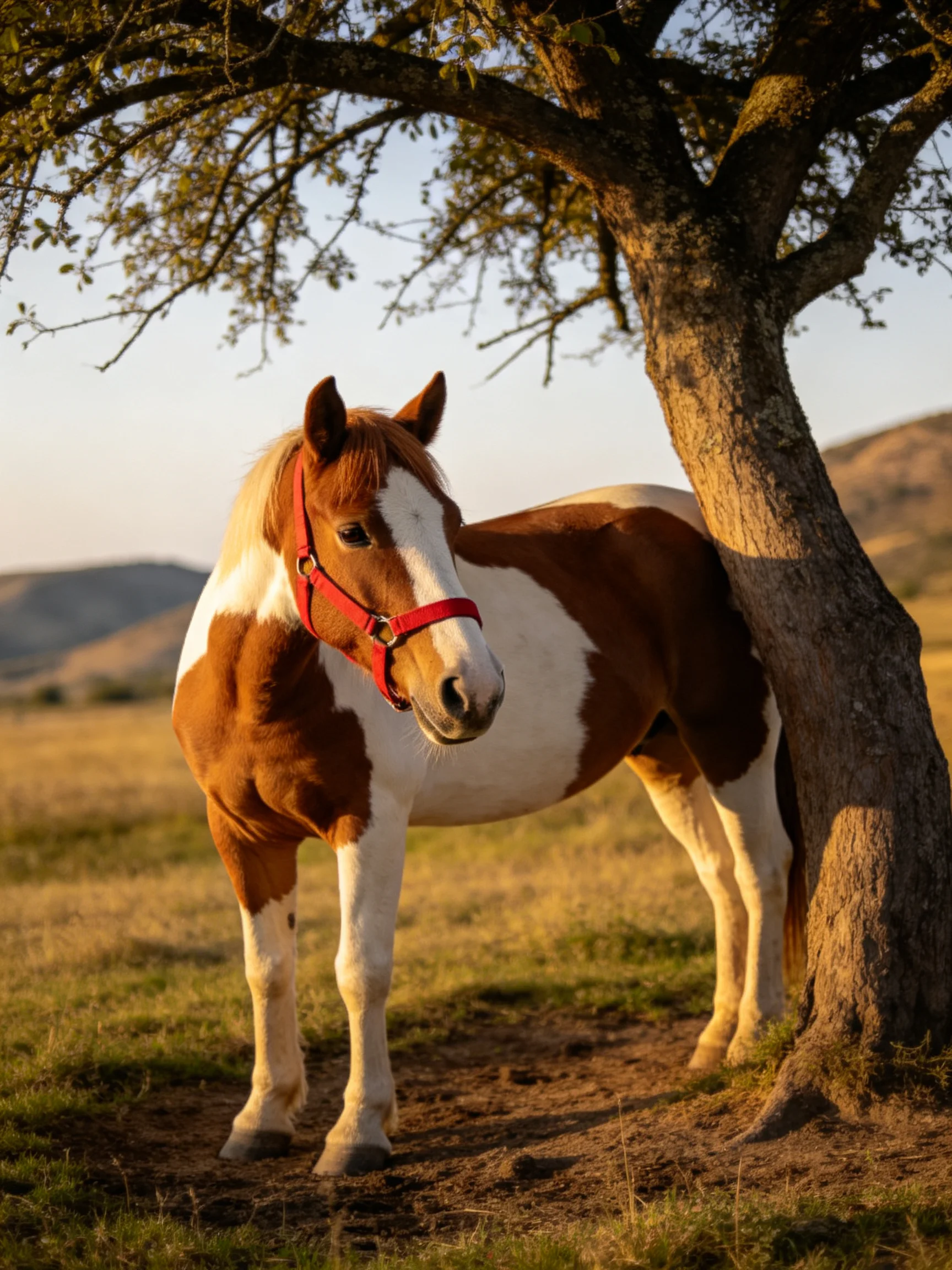 A brown and white horse with a red halter stands beside a tree in an open landscape.