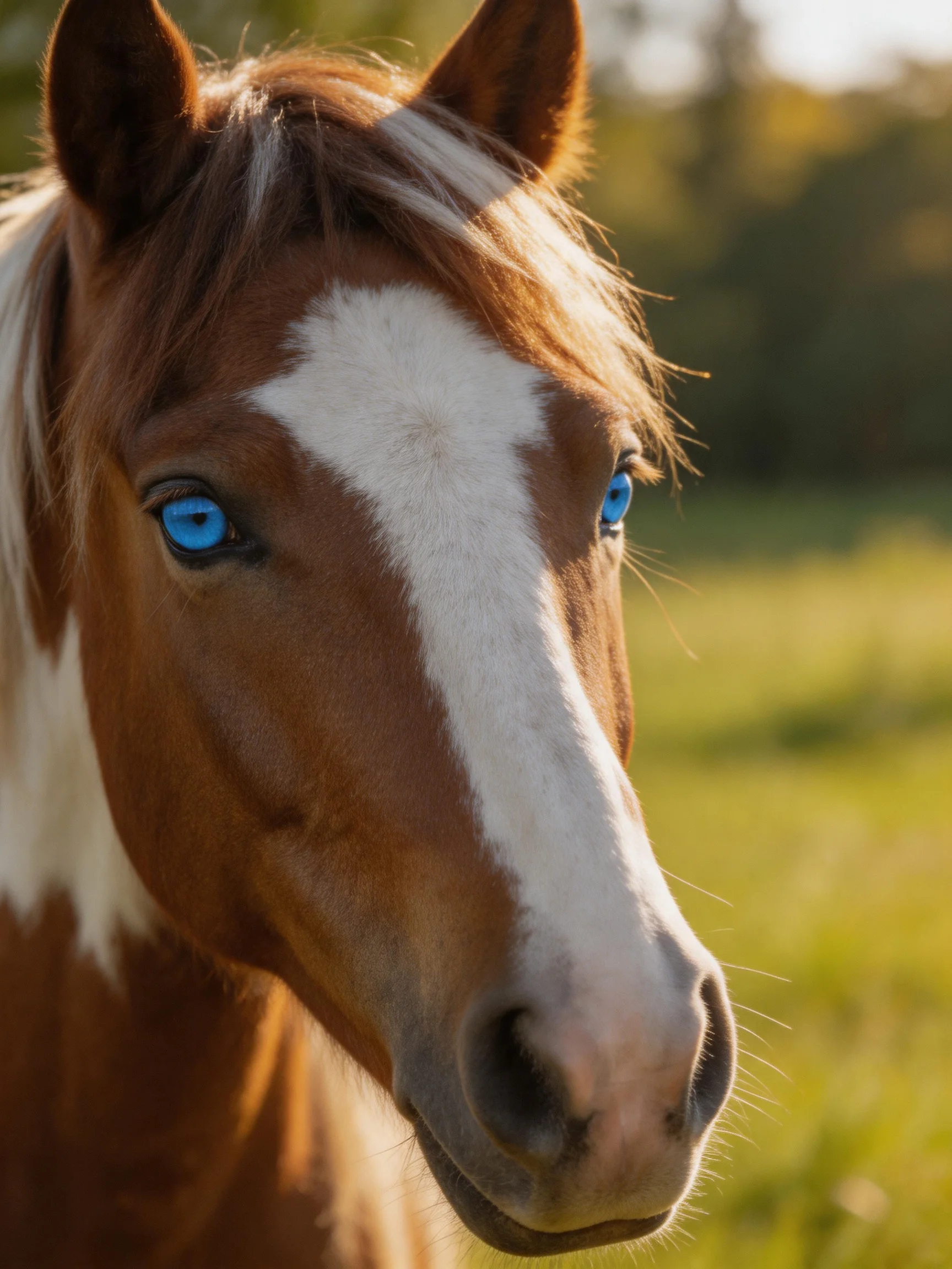 A brown and white horse with blue eyes is shown in a sunlit outdoor setting.