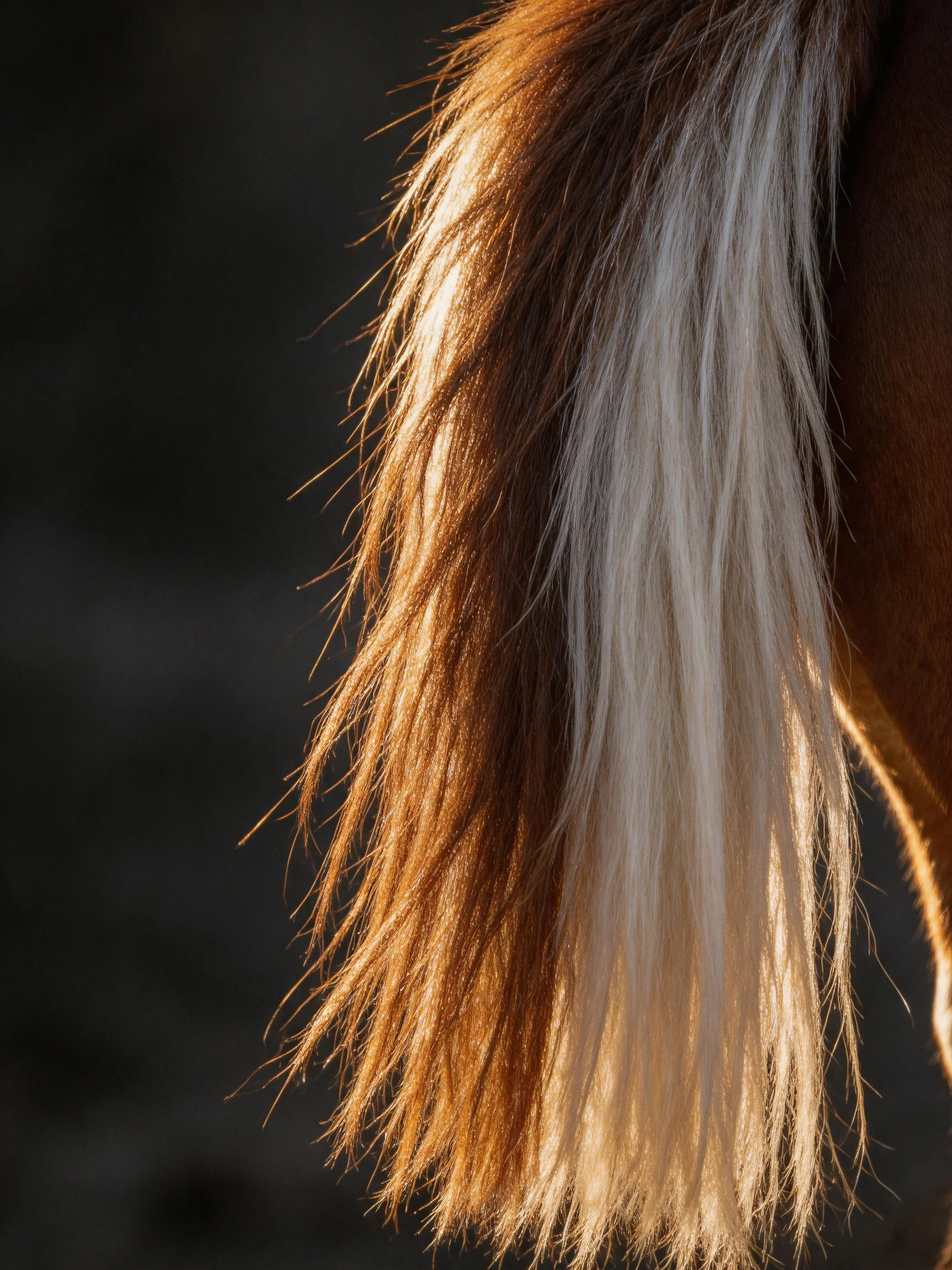 A brown and white horse’s tail illuminated by golden sunlight