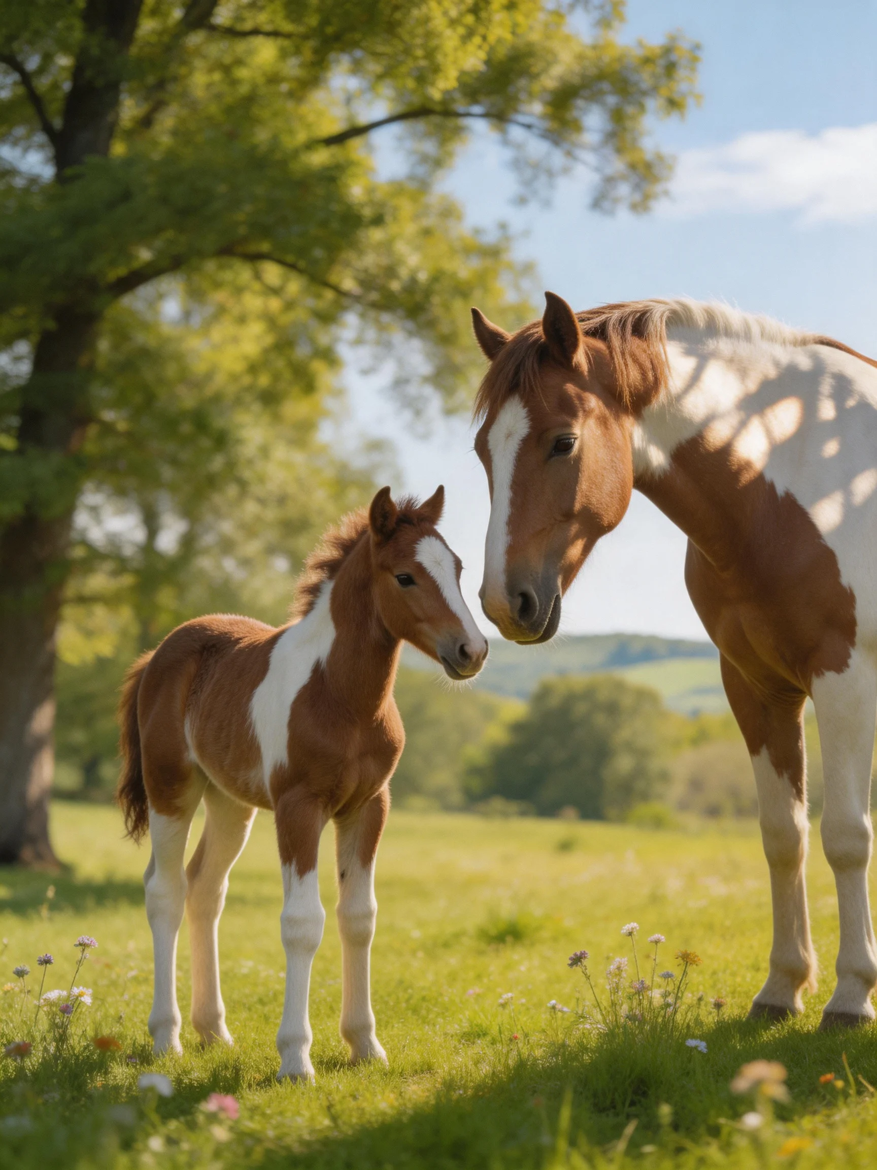 A brown and white mare and foal in a sunlit meadow
