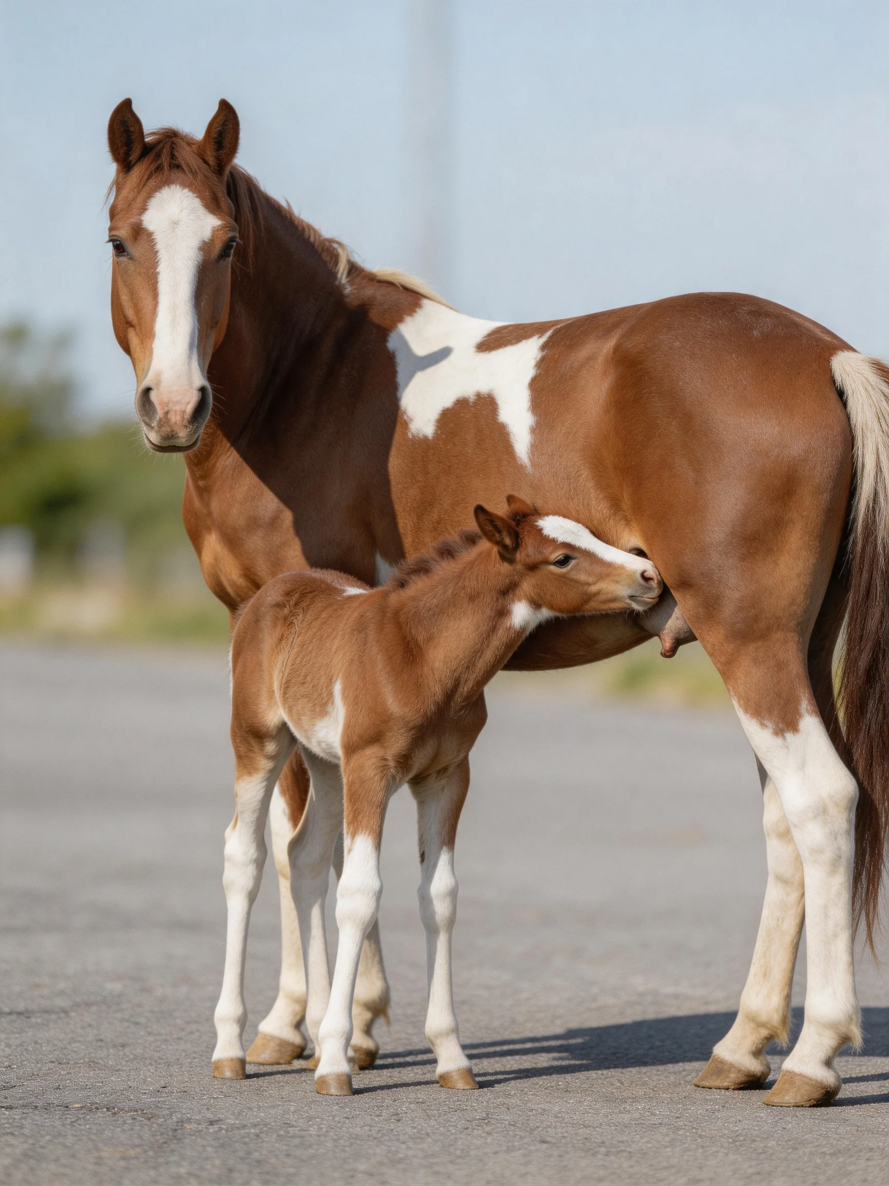 A brown and white mare nurses her spotted foal on a paved surface