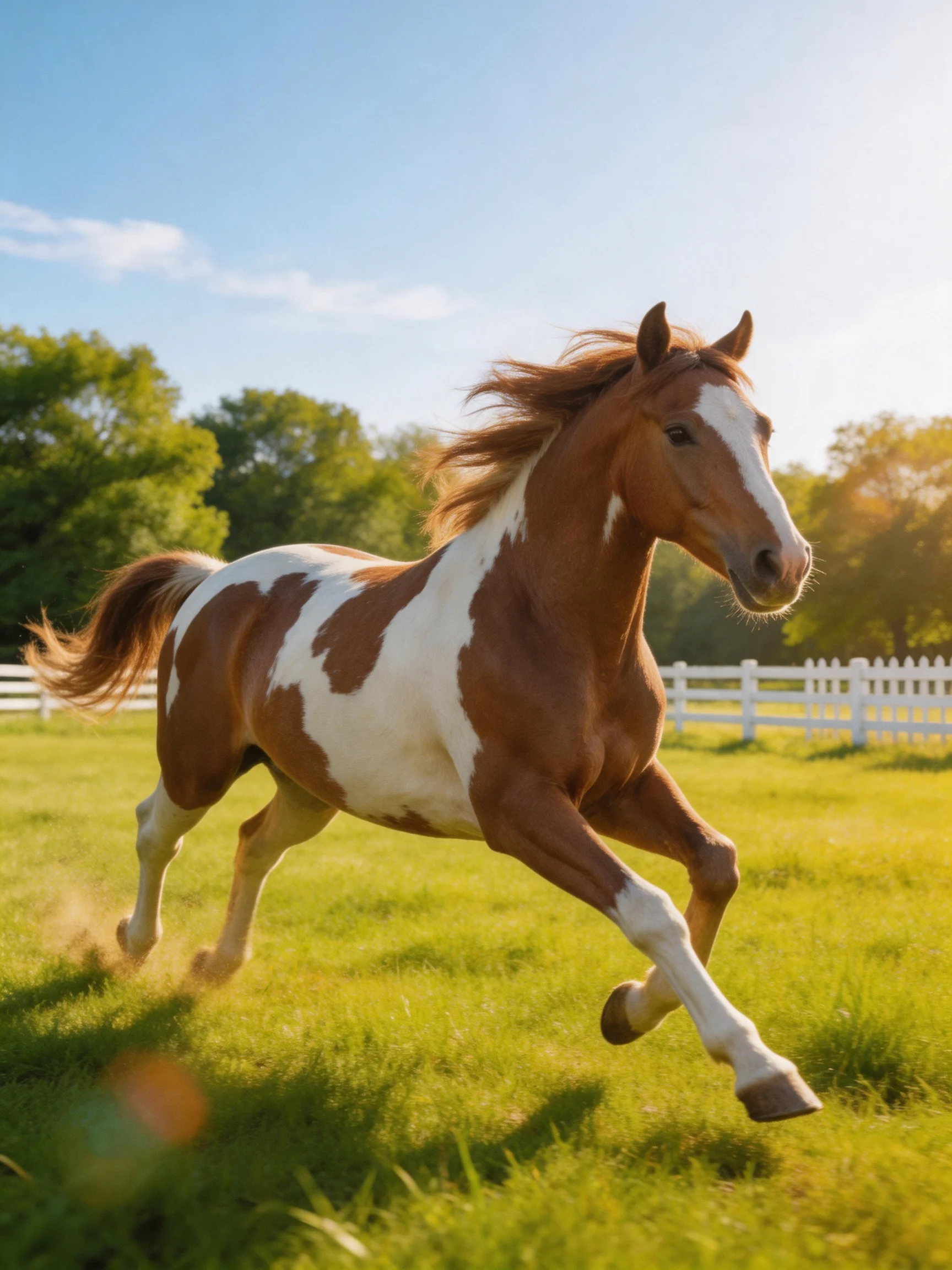 A brown and white paint horse galloping through a sunlit pasture