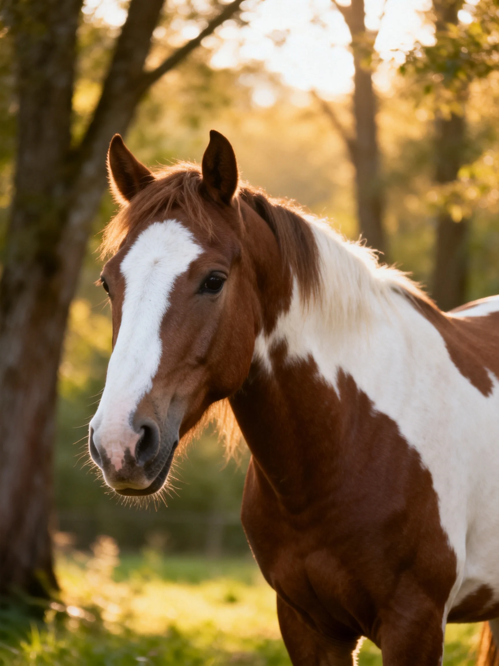A brown-and-white paint horse stands in a sunlit forest clearing