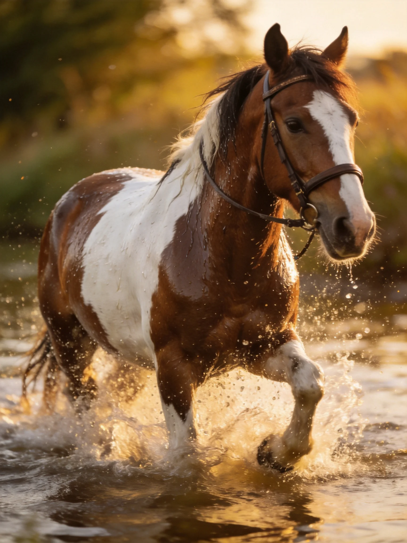 A brown and white pinto horse galloping through shallow water