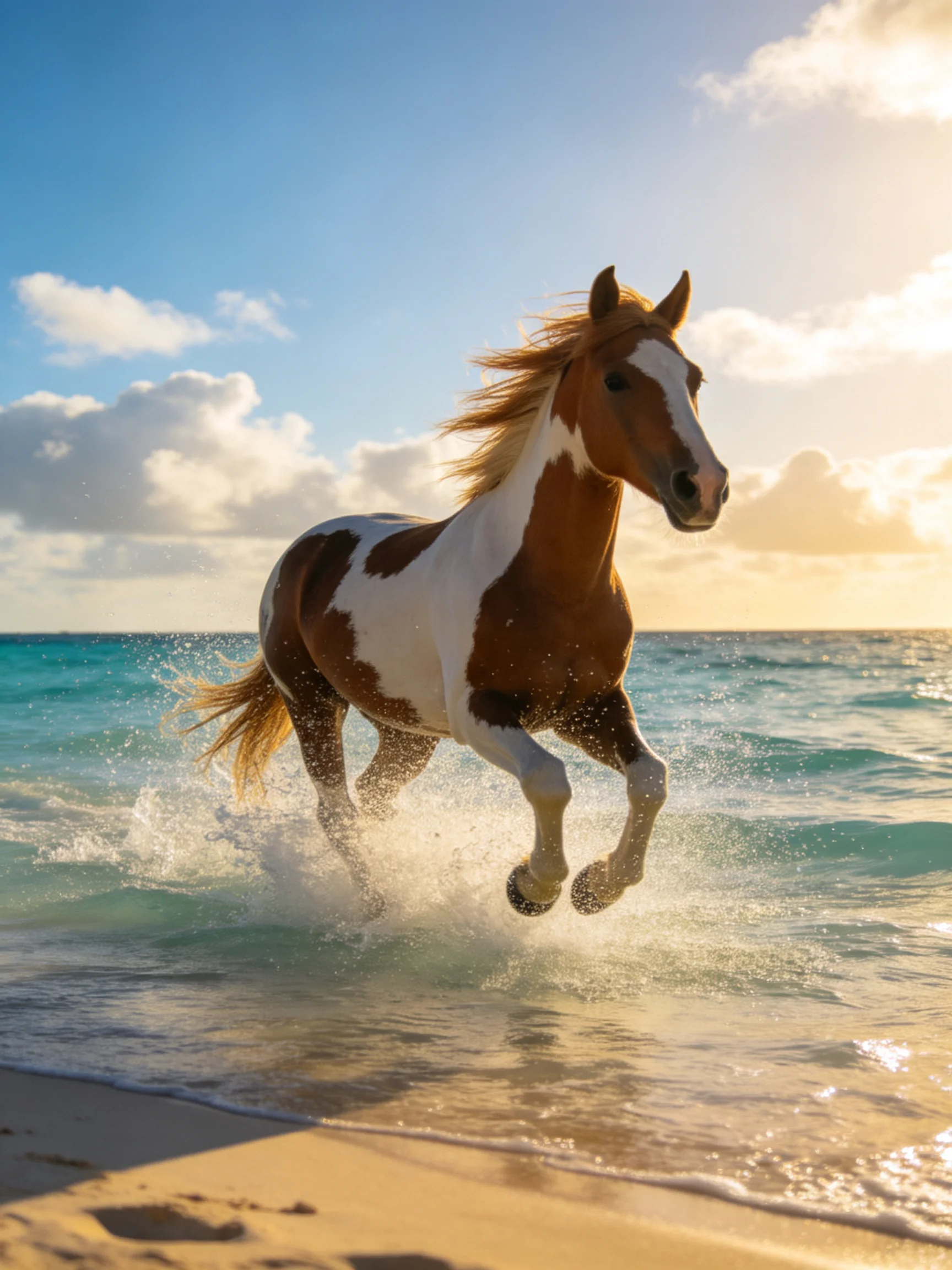 A brown and white pinto horse galloping through turquoise sea water