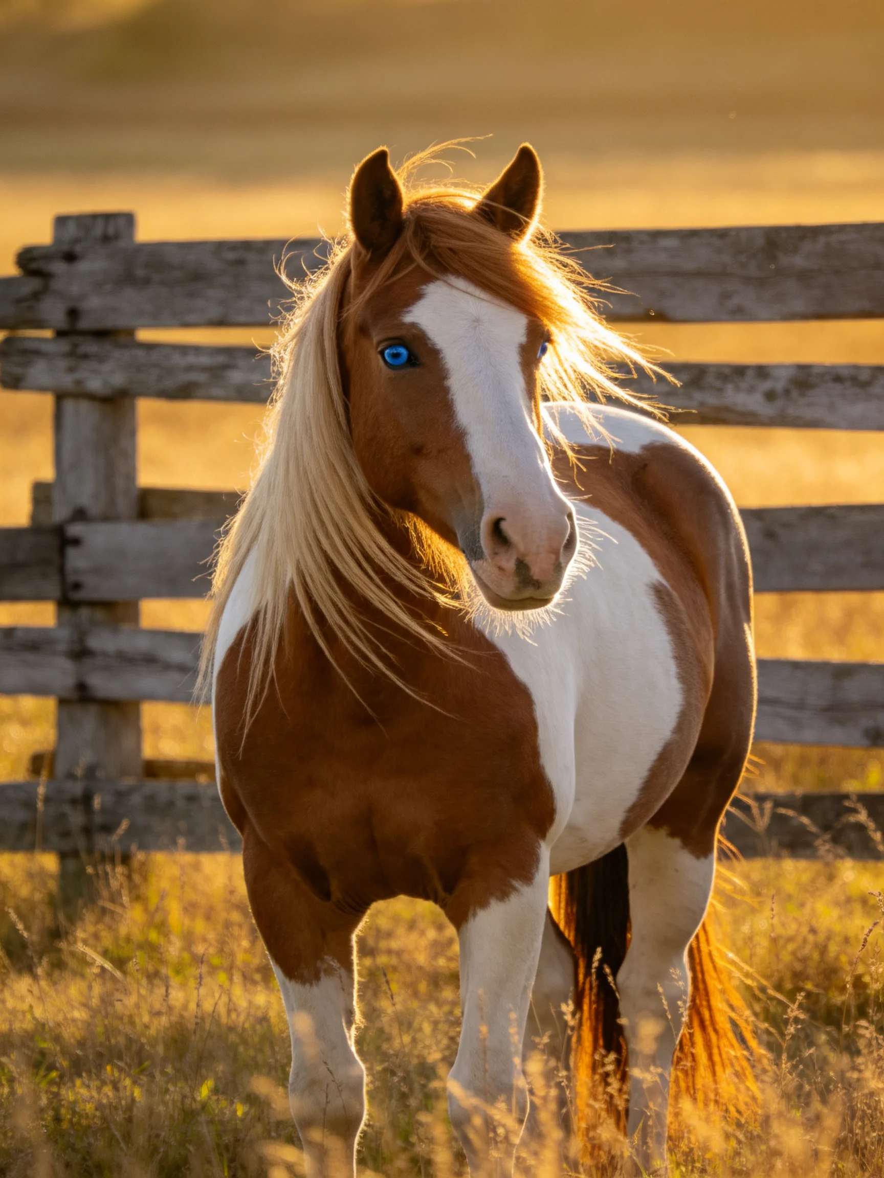 A brown and white pinto horse is positioned next to a weathered wooden fence in a sunlit field.