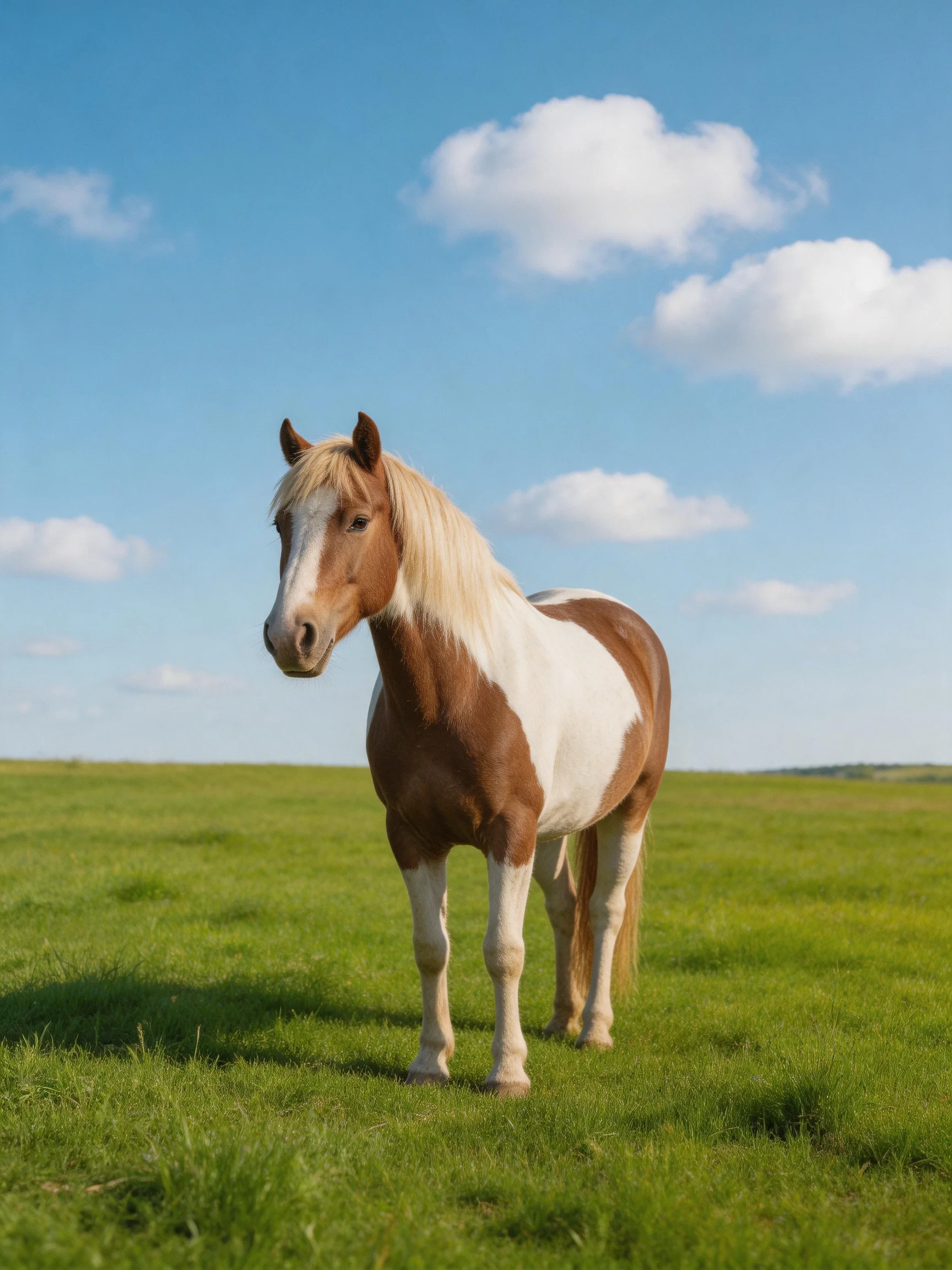 A brown and white pinto horse stands alone in a vast green field